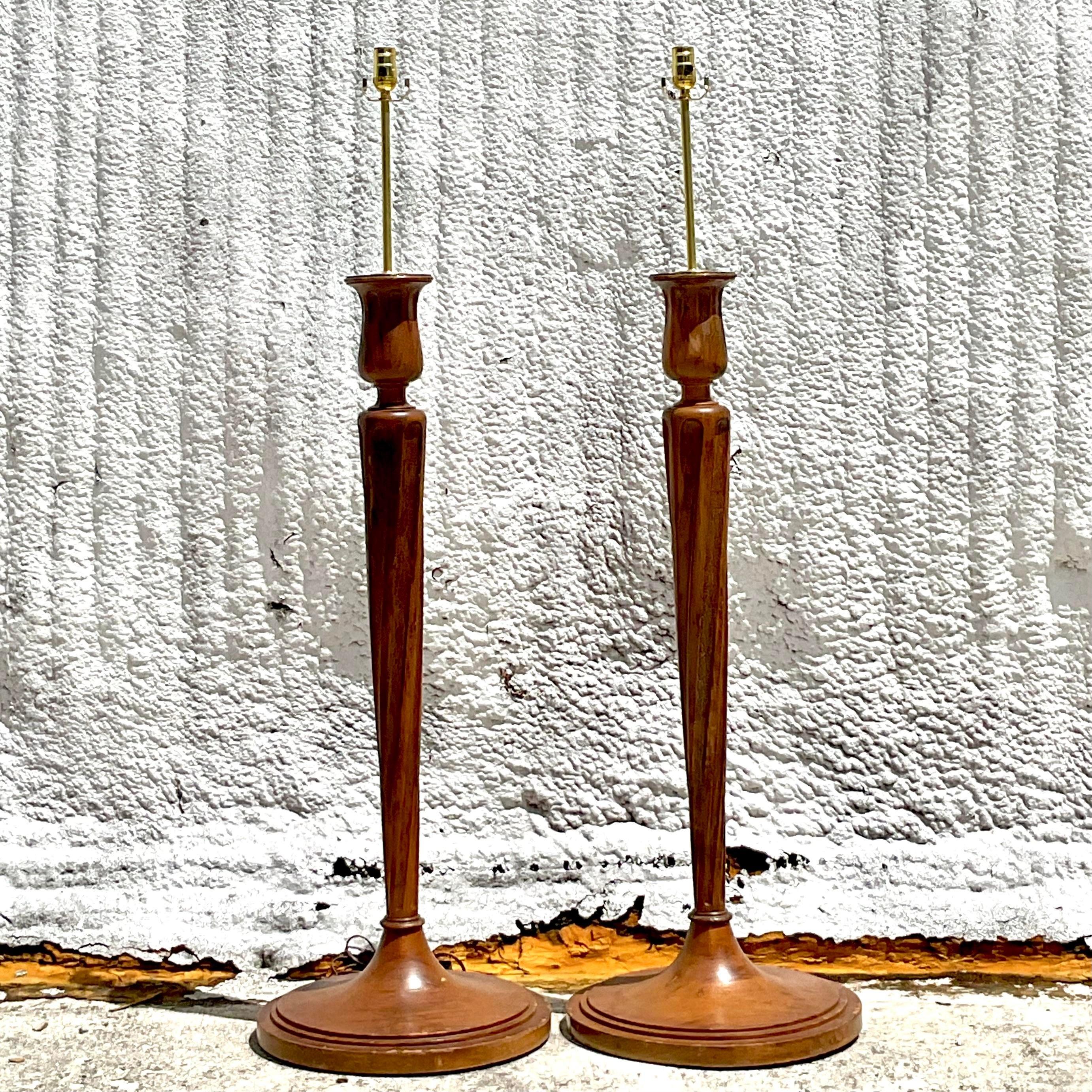 Vintage Regency Boho Candlestick Wood Floor Lamps - a Pair In Good Condition For Sale In west palm beach, FL