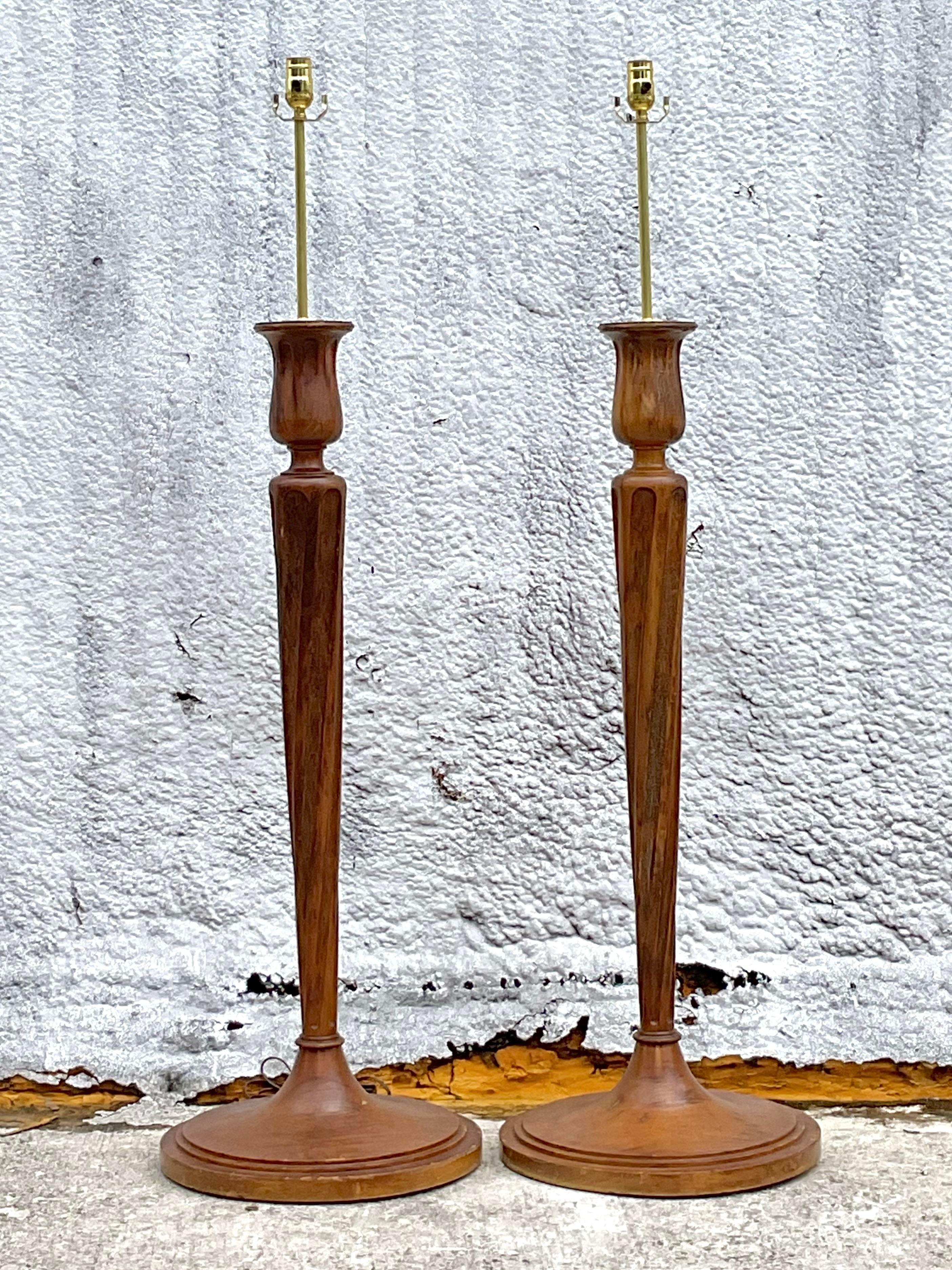 20th Century Vintage Regency Boho Candlestick Wood Floor Lamps - a Pair For Sale