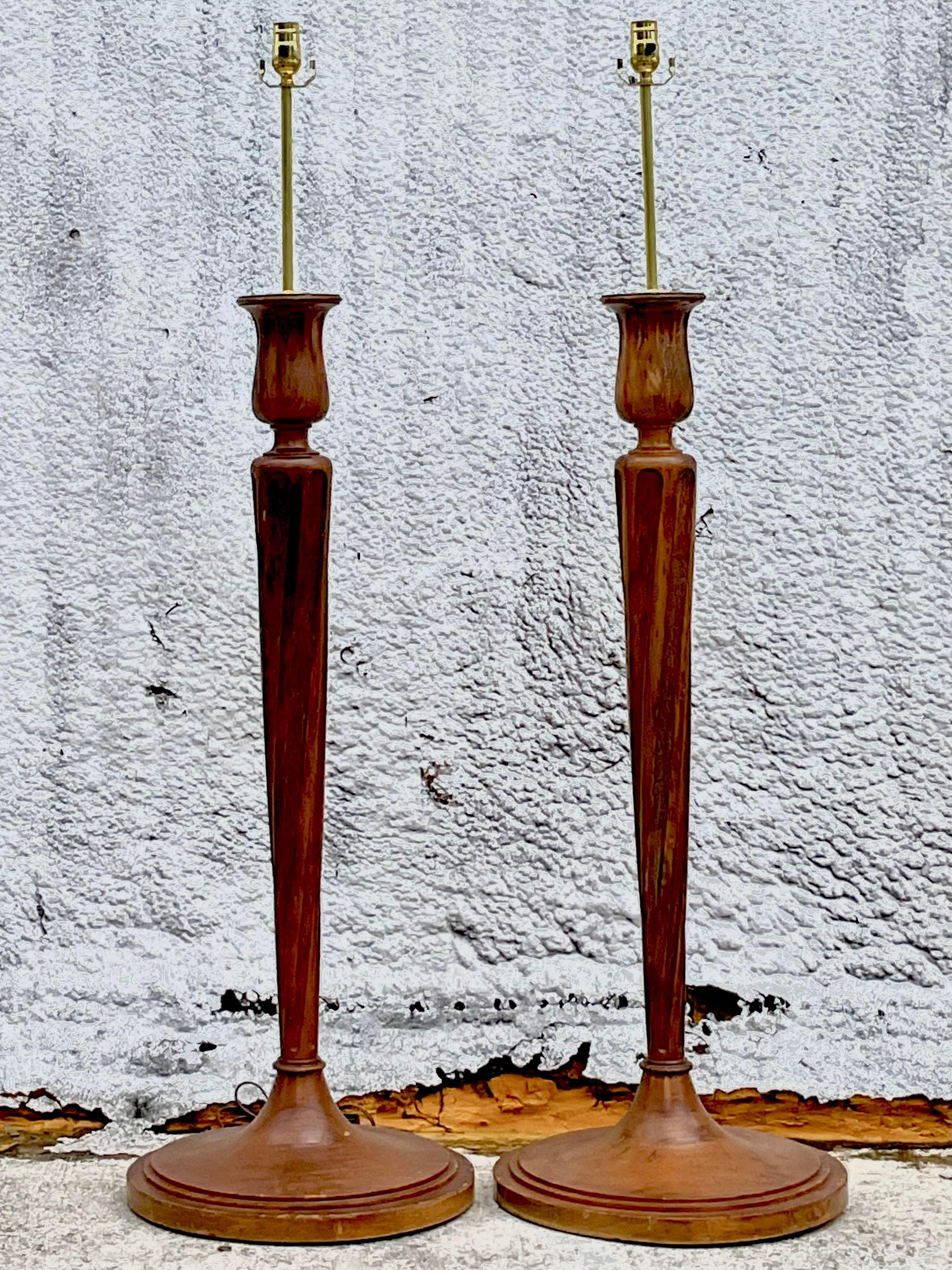 Metal Vintage Regency Boho Candlestick Wood Floor Lamps - a Pair For Sale