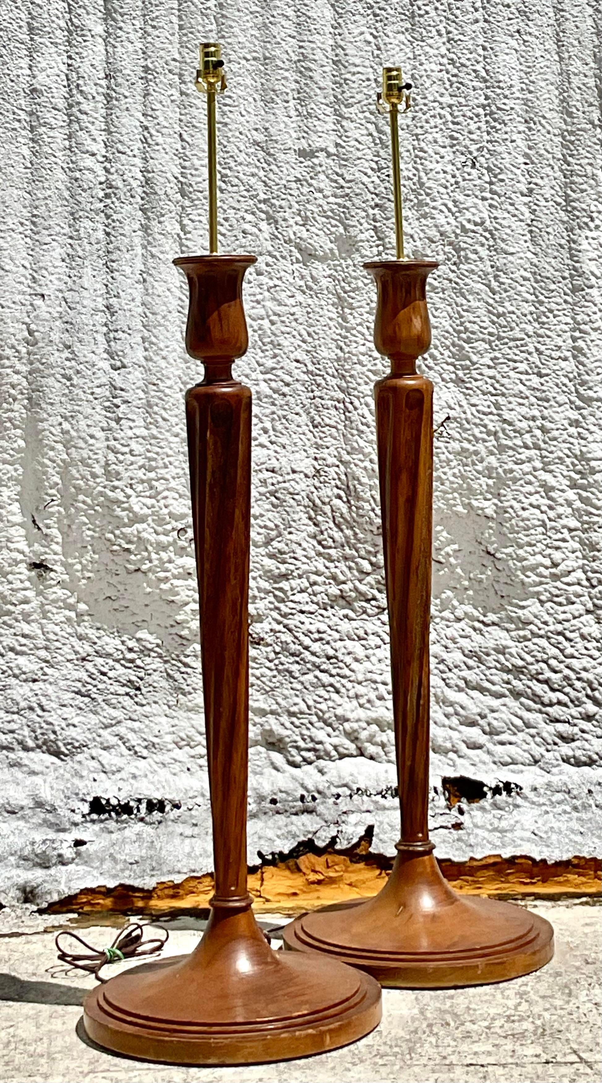 Vintage Regency Boho Candlestick Wood Floor Lamps - a Pair For Sale 1