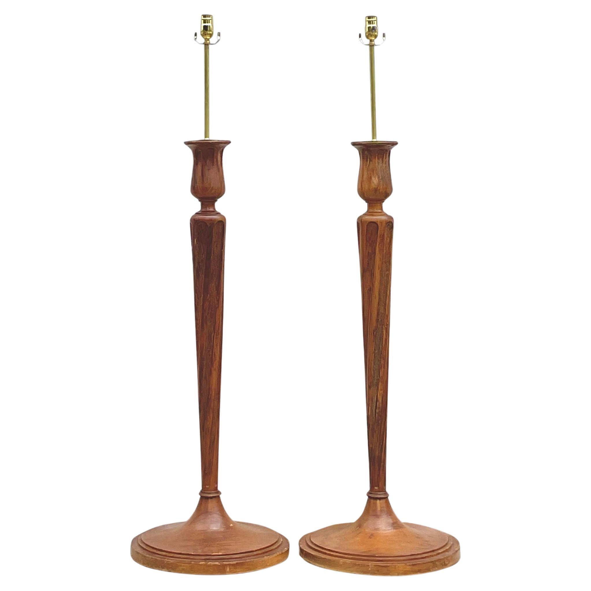 Vintage Regency Boho Candlestick Wood Floor Lamps - a Pair For Sale