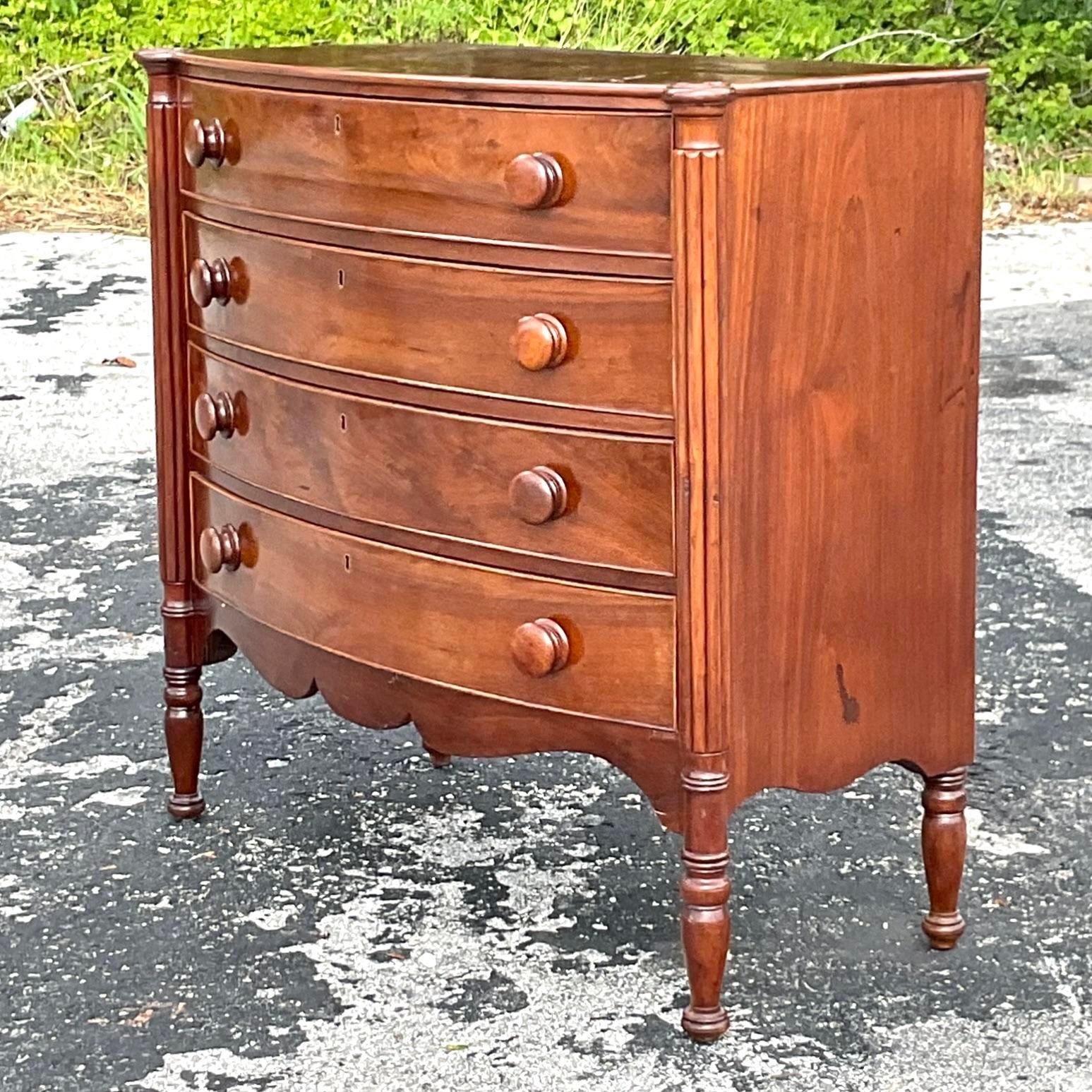 20th Century Vintage Regency Bow Front English Mahogany Chest of Drawers For Sale
