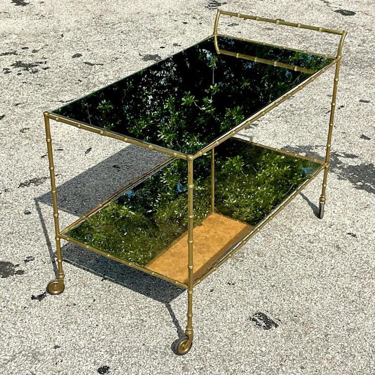 Vintage Regency Brass Bamboo Bar Cart For Sale at 1stDibs