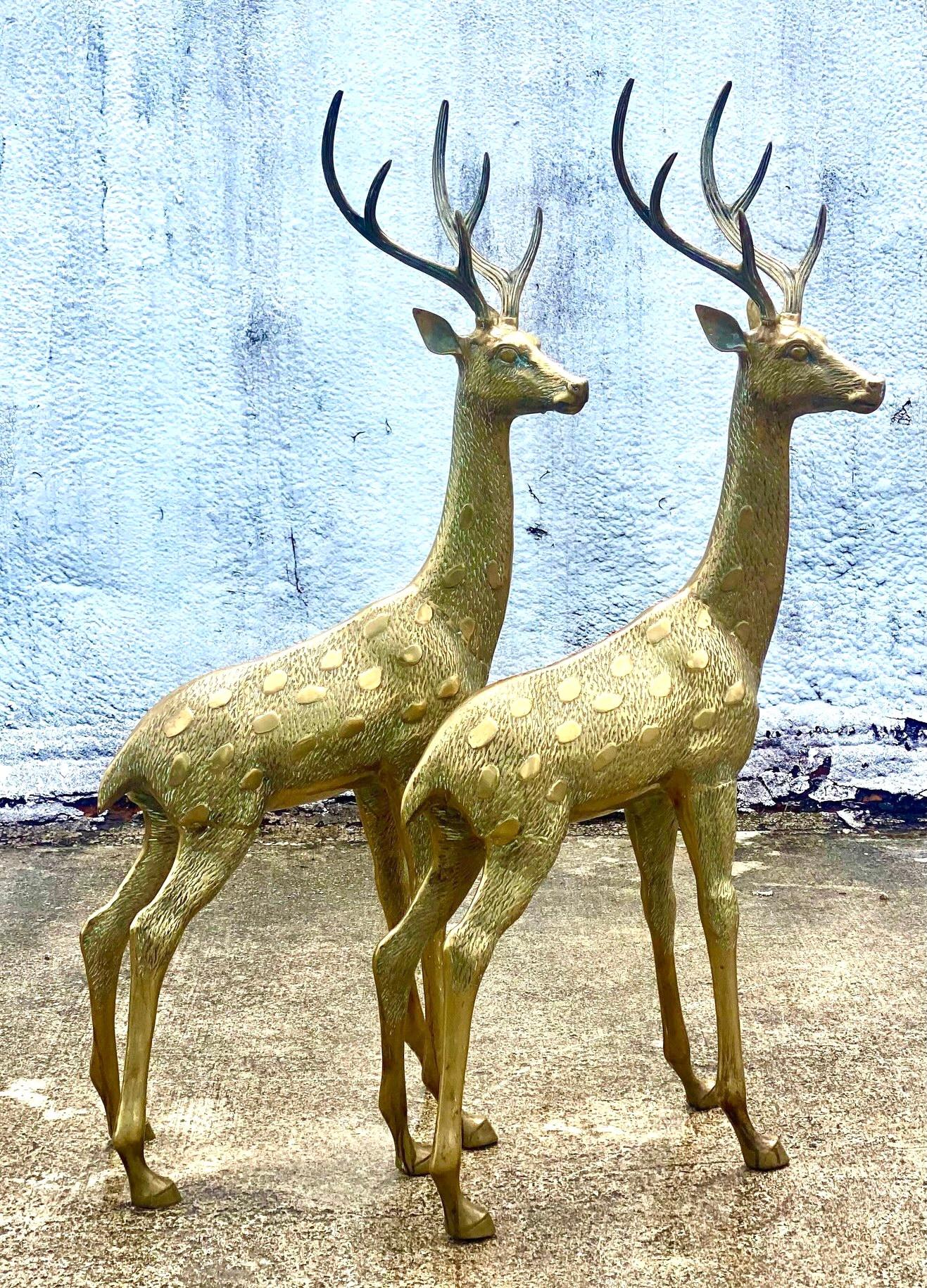 Incredible set of vintage brass deer. Monumental in size and glamour. Large antlers make these a dramatic addition to any decor. Acquired from a Palm Beach estate.