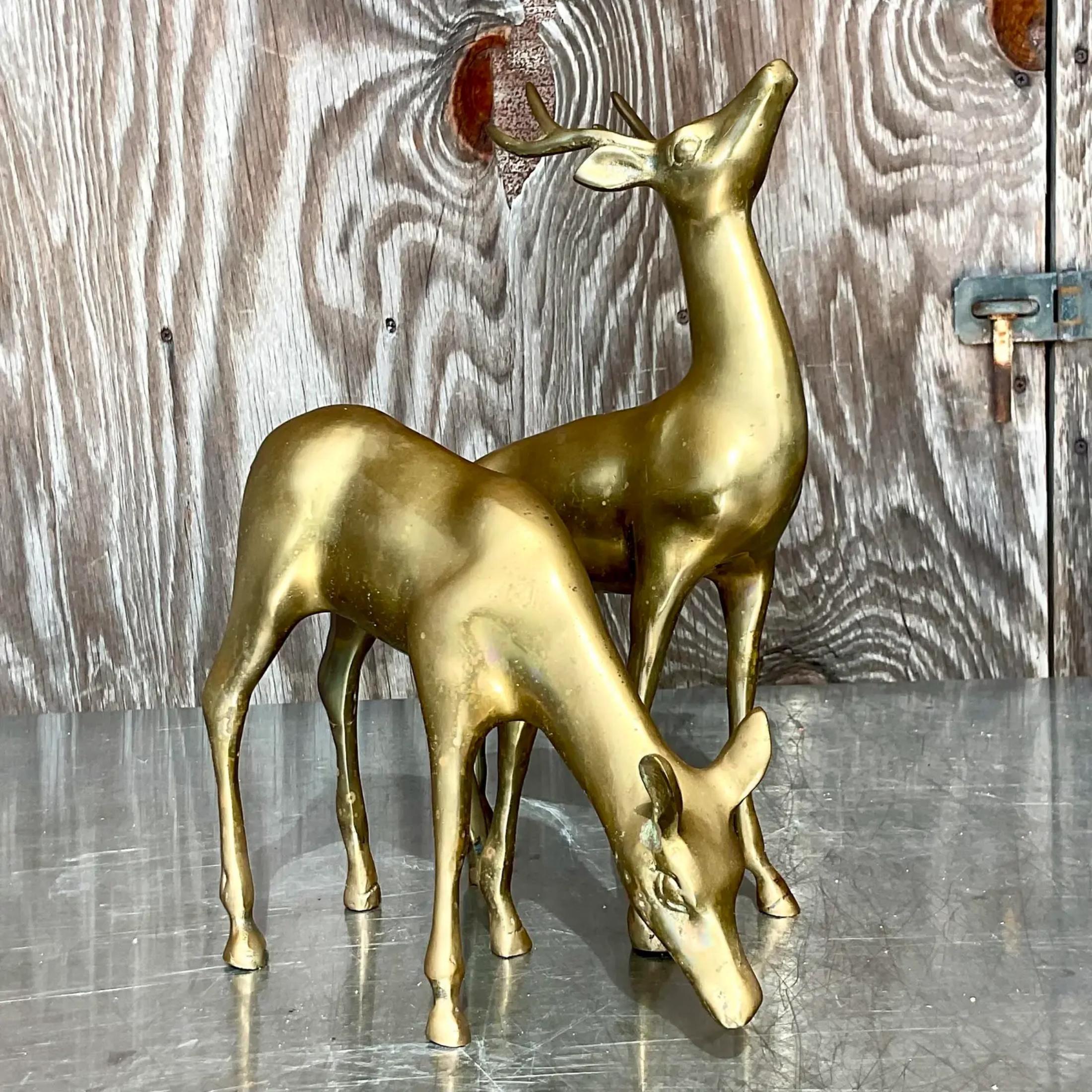 A gorgeous set of vintage Regency brass deer. A beautiful set of one buck and one doe. Acquired from a Palm Beach estate