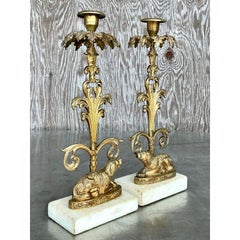 Vintage Regency Brass Dog Candlesticks - A Pair