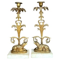 Vintage Regency Brass Dog Candlesticks - A Pair