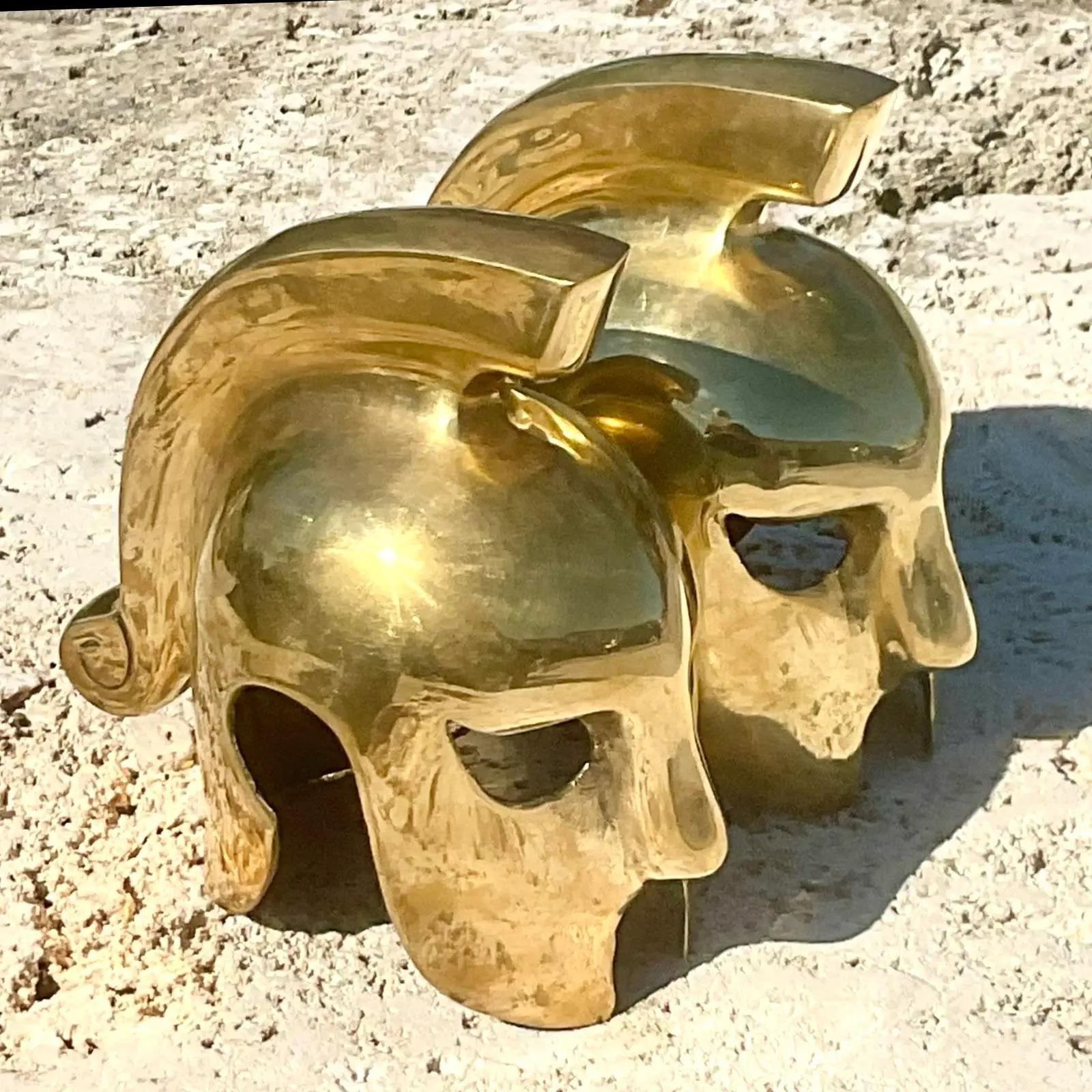 Vintage Regency Messing Gladiator Helmet Buchstützen - ein Paar im Zustand „Gut“ im Angebot in west palm beach, FL