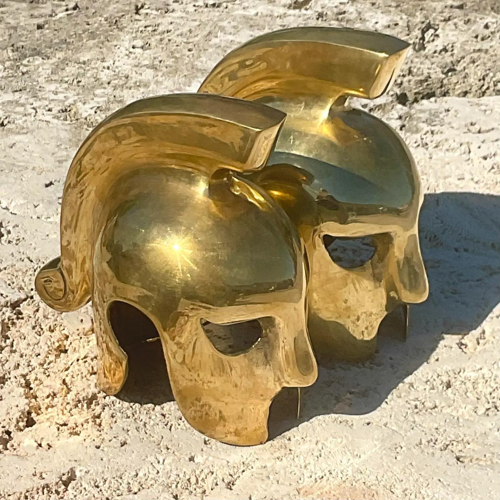 Vintage Regency Brass Gladiator Helmet Bookends - a Pair In Good Condition For Sale In west palm beach, FL