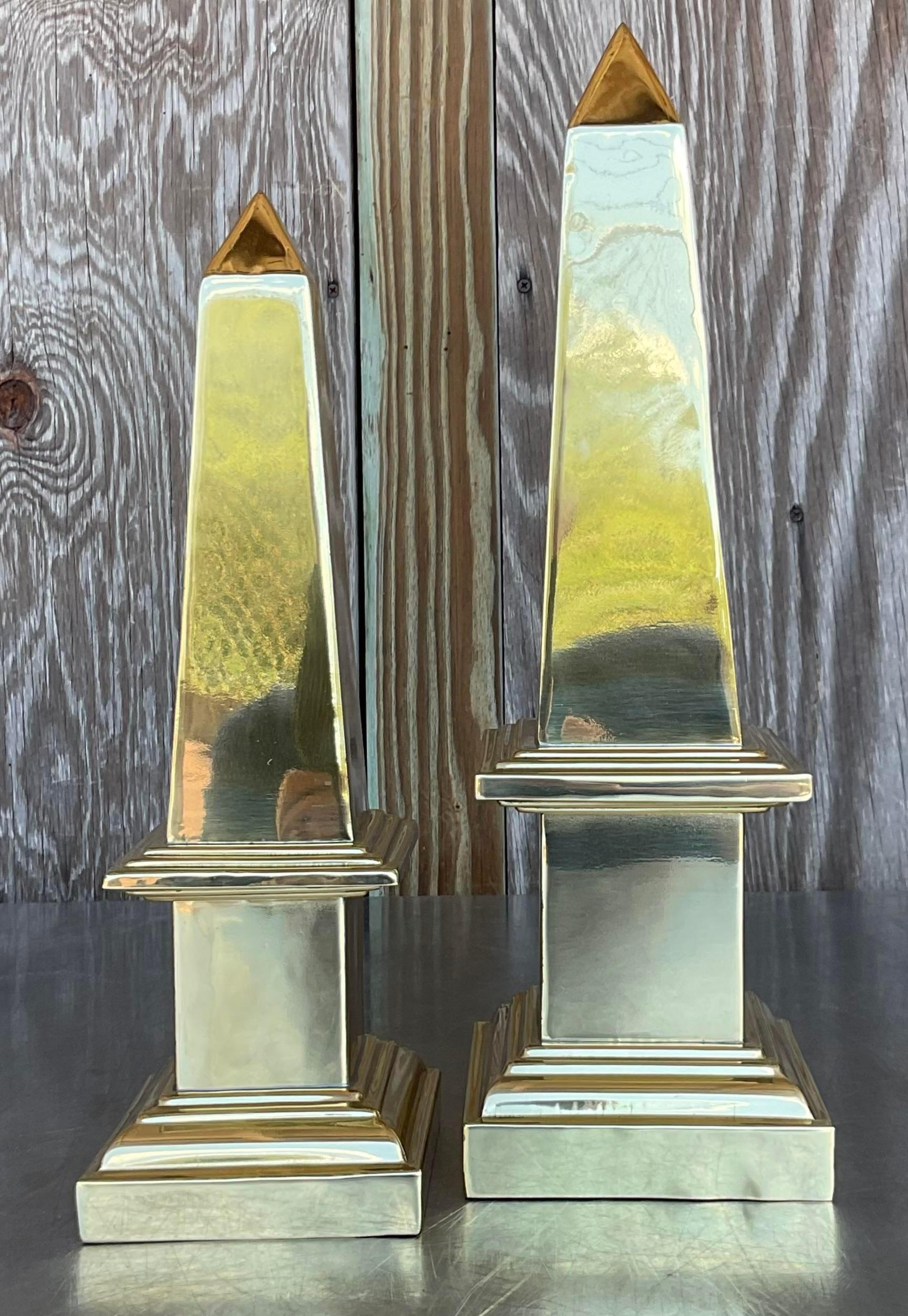 Vintage Regency Brass Obelisks - a Pair In Good Condition For Sale In west palm beach, FL