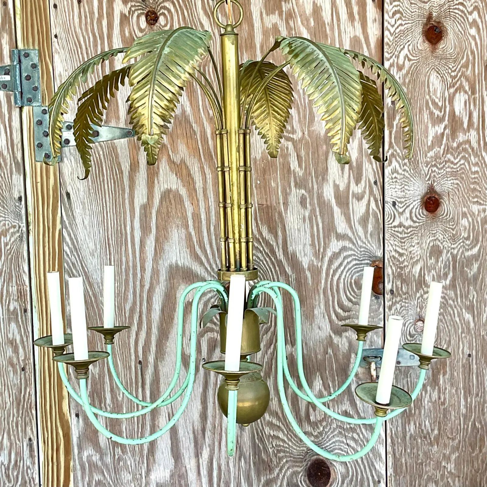 Vintage Regency Brass Palm Chandelier In Good Condition In west palm beach, FL