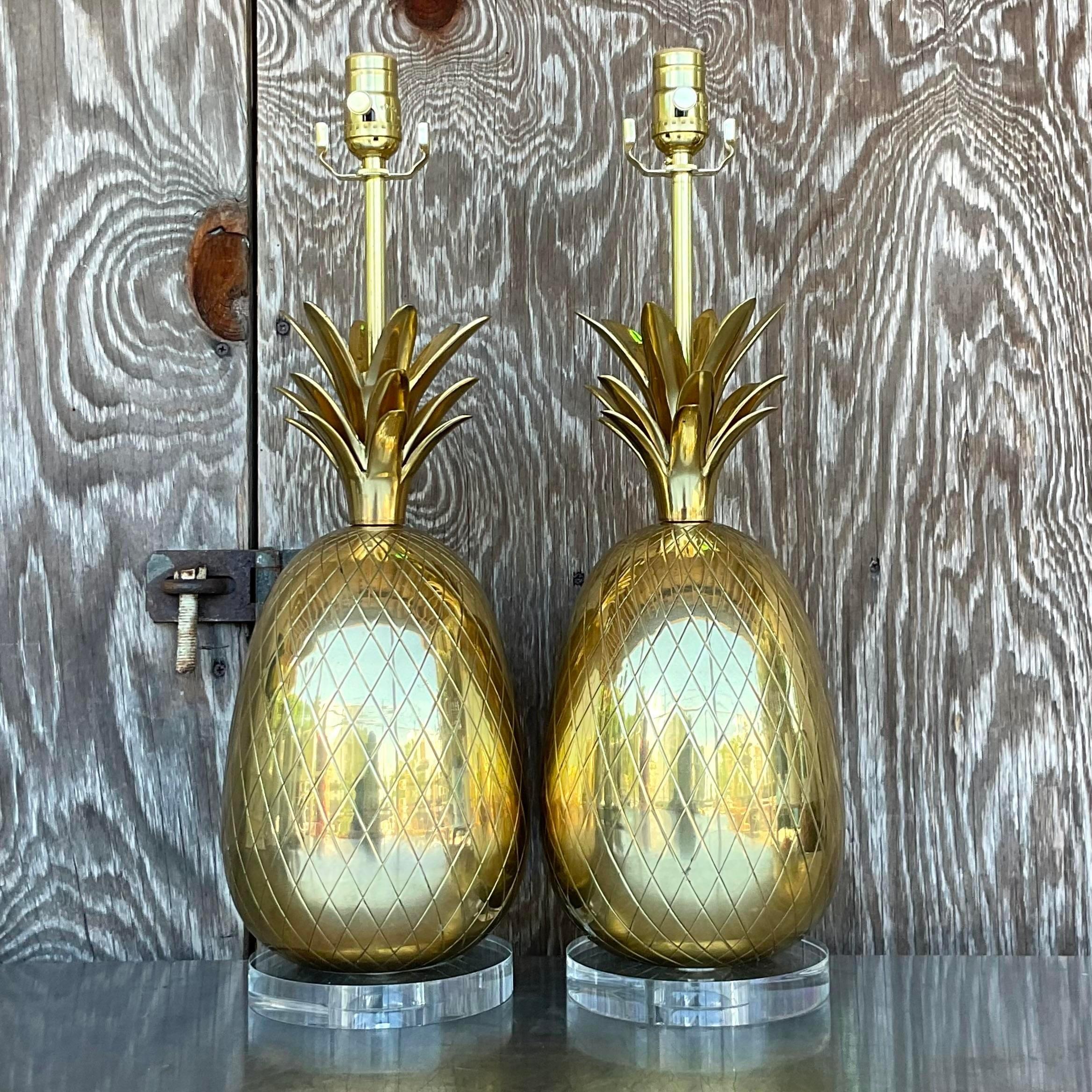 Vintage Regency Brass Pineapple Lamps - a Pair In Good Condition In west palm beach, FL
