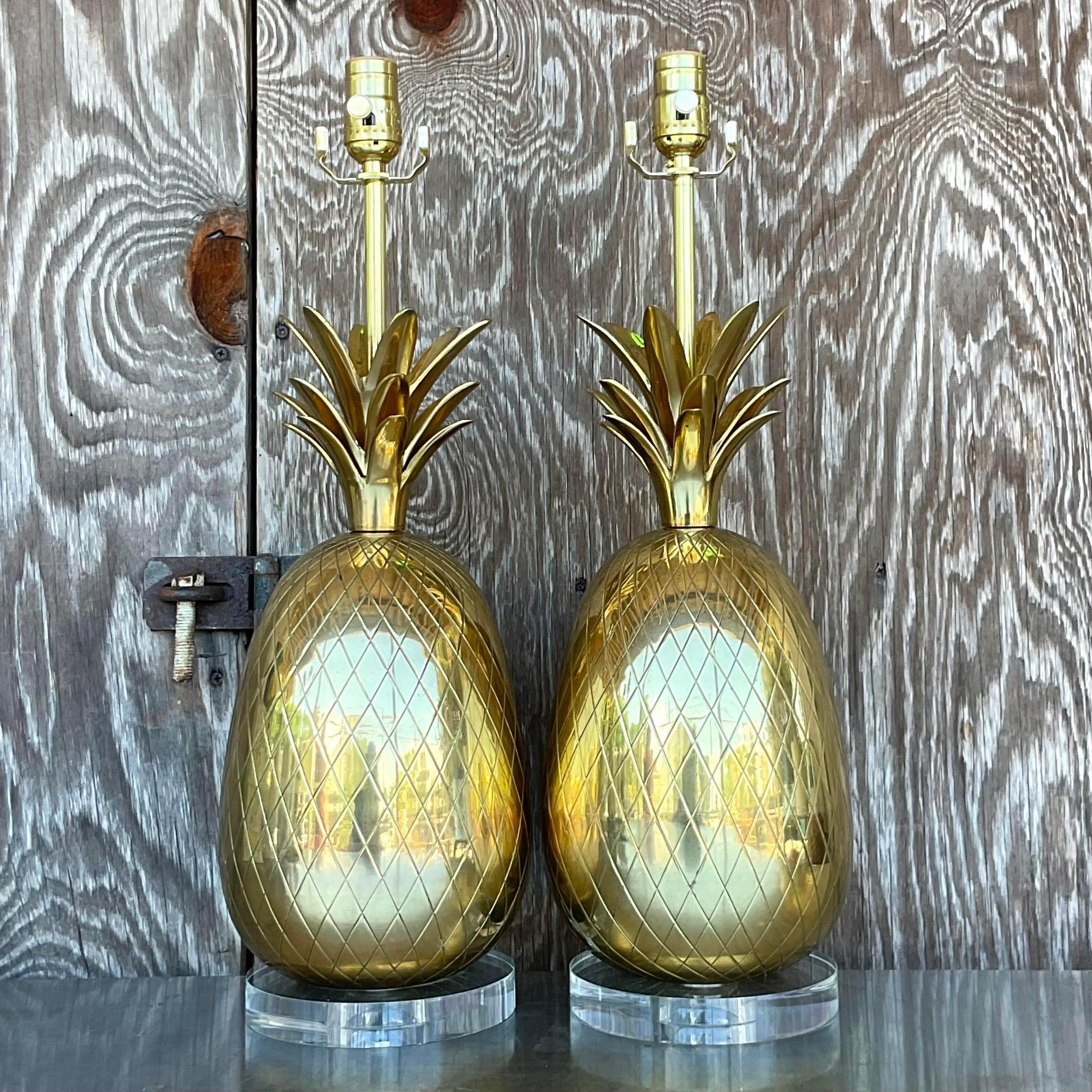 20th Century Vintage Regency Brass Pineapple Lamps - a Pair