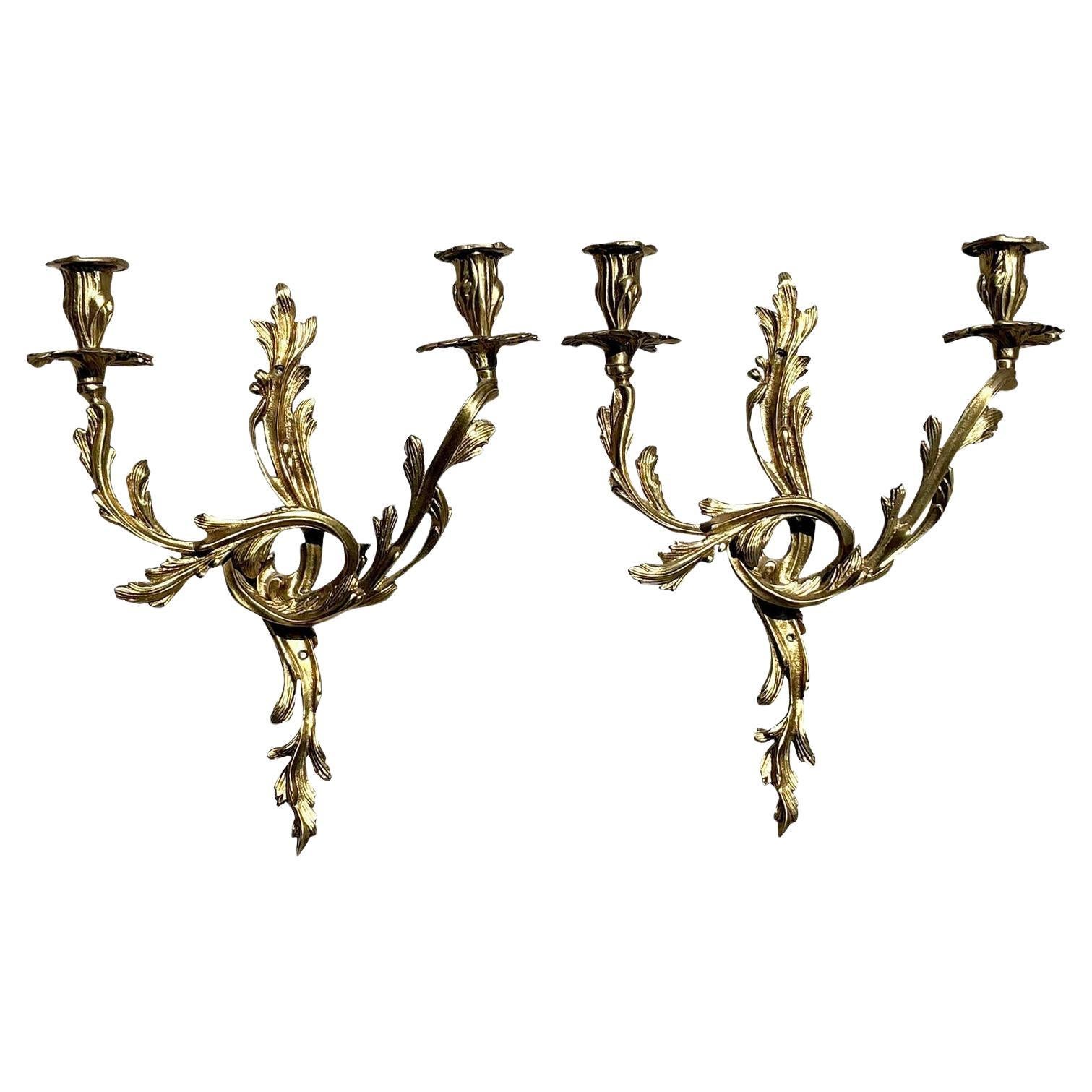 Vintage Regency Brass Rococo Candle Sconces- Set of 2