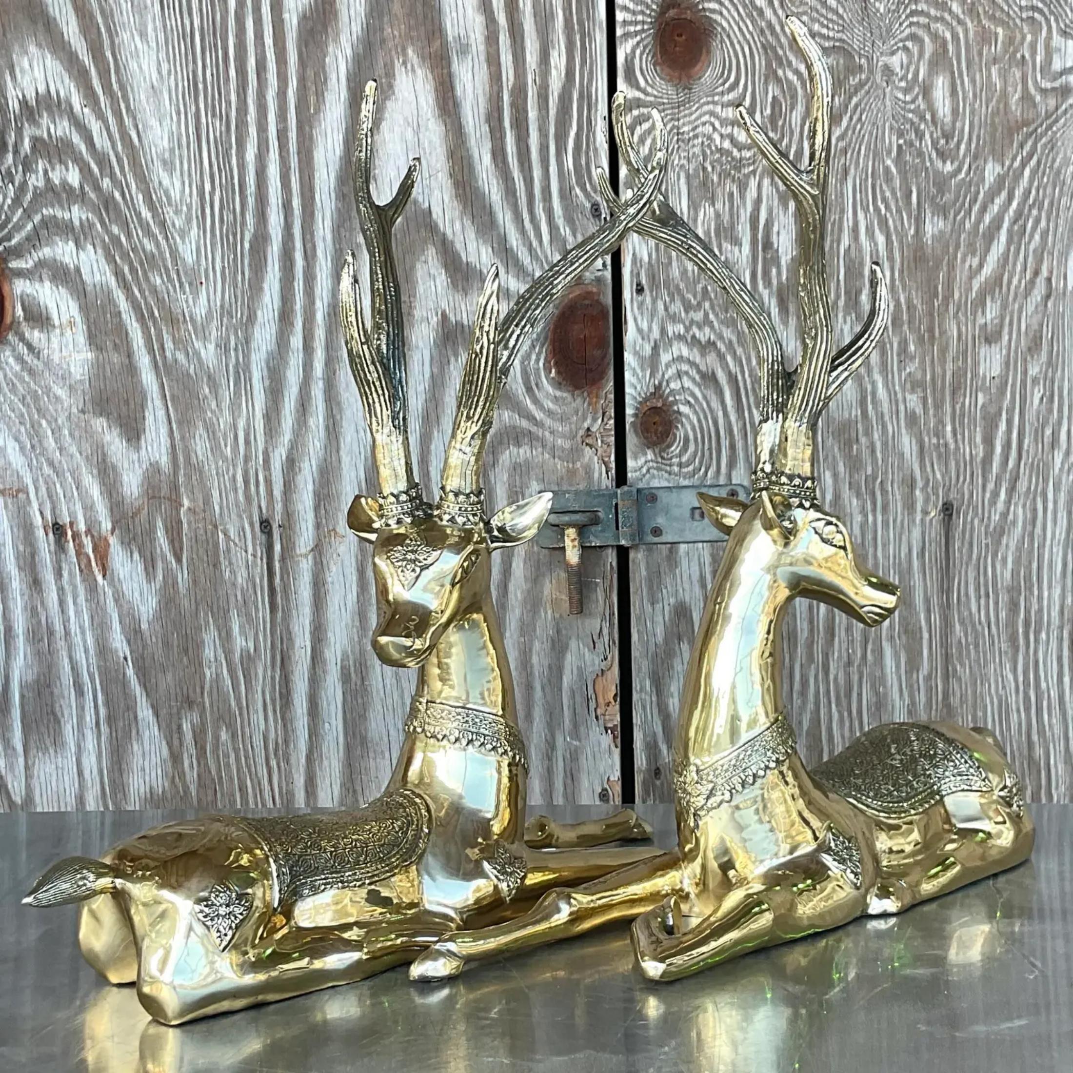 Vintage Regency Brass Sitting Deers- a Pair In Good Condition For Sale In west palm beach, FL
