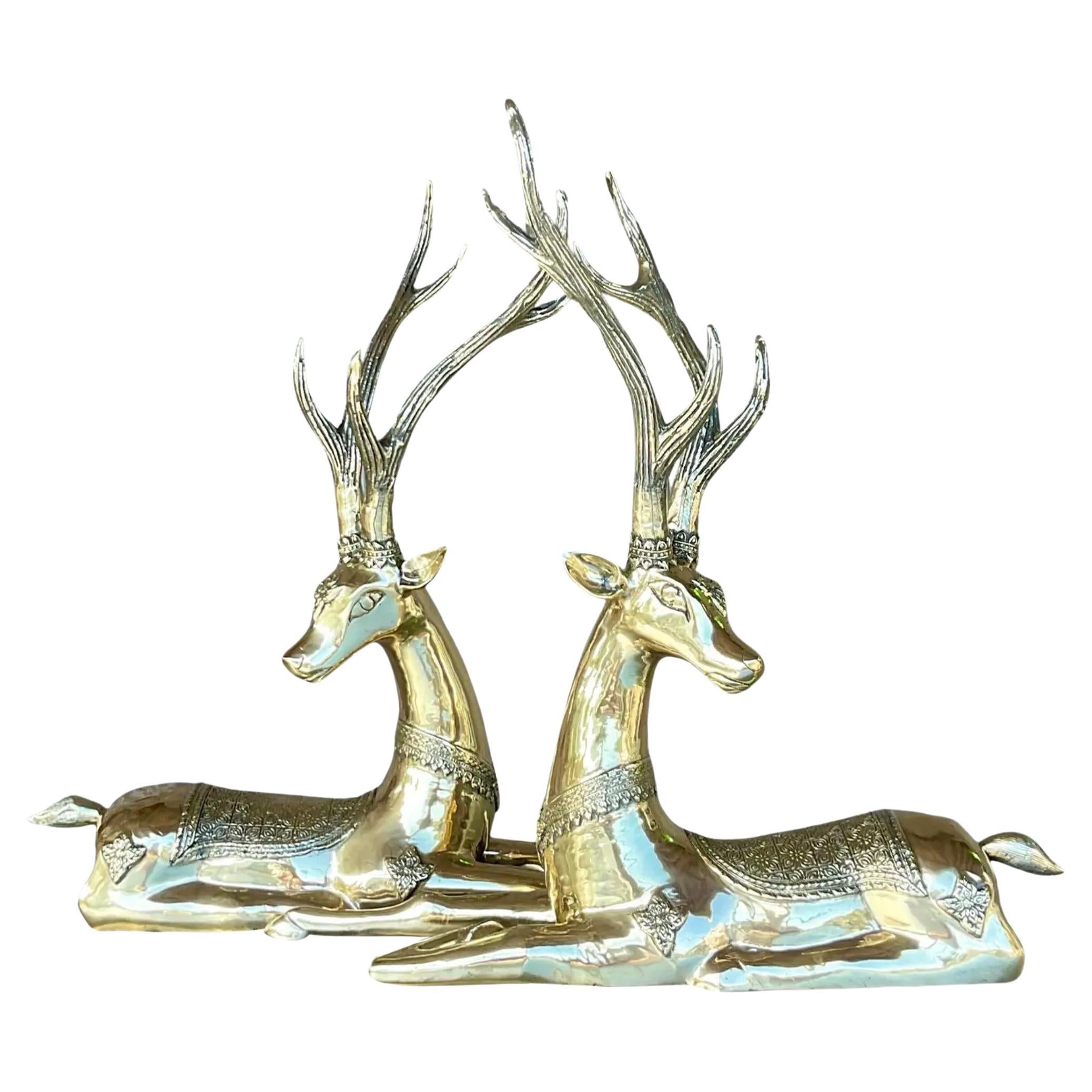Vintage Regency Brass Sitting Deers- a Pair For Sale