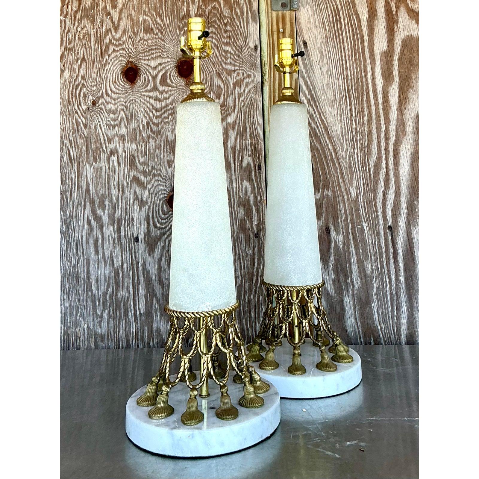 Hollywood Regency Vintage Regency Brass Swag and Tassle Lamps - A Pair For Sale