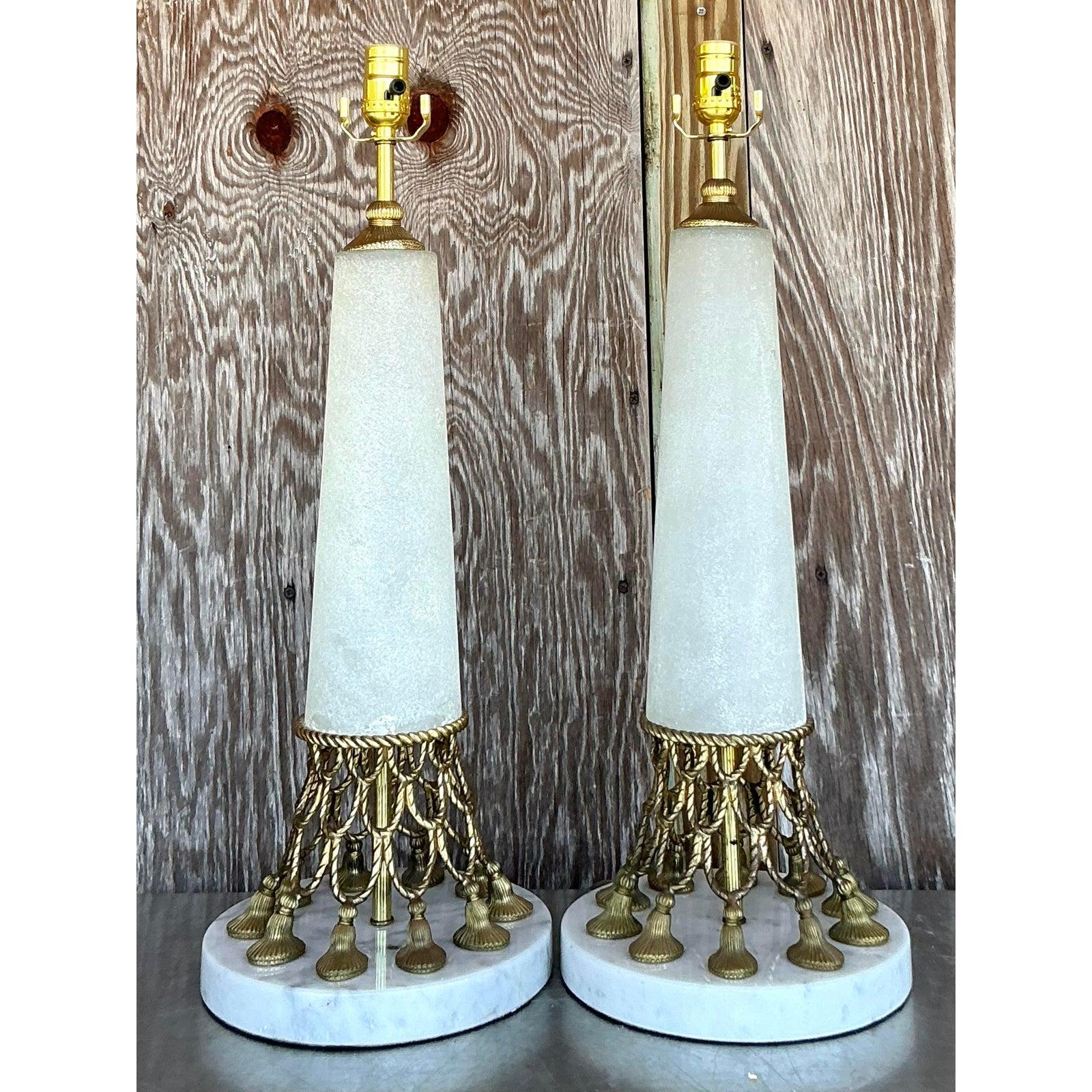 Vintage Regency Brass Swag and Tassle Lamps - A Pair In Good Condition For Sale In west palm beach, FL