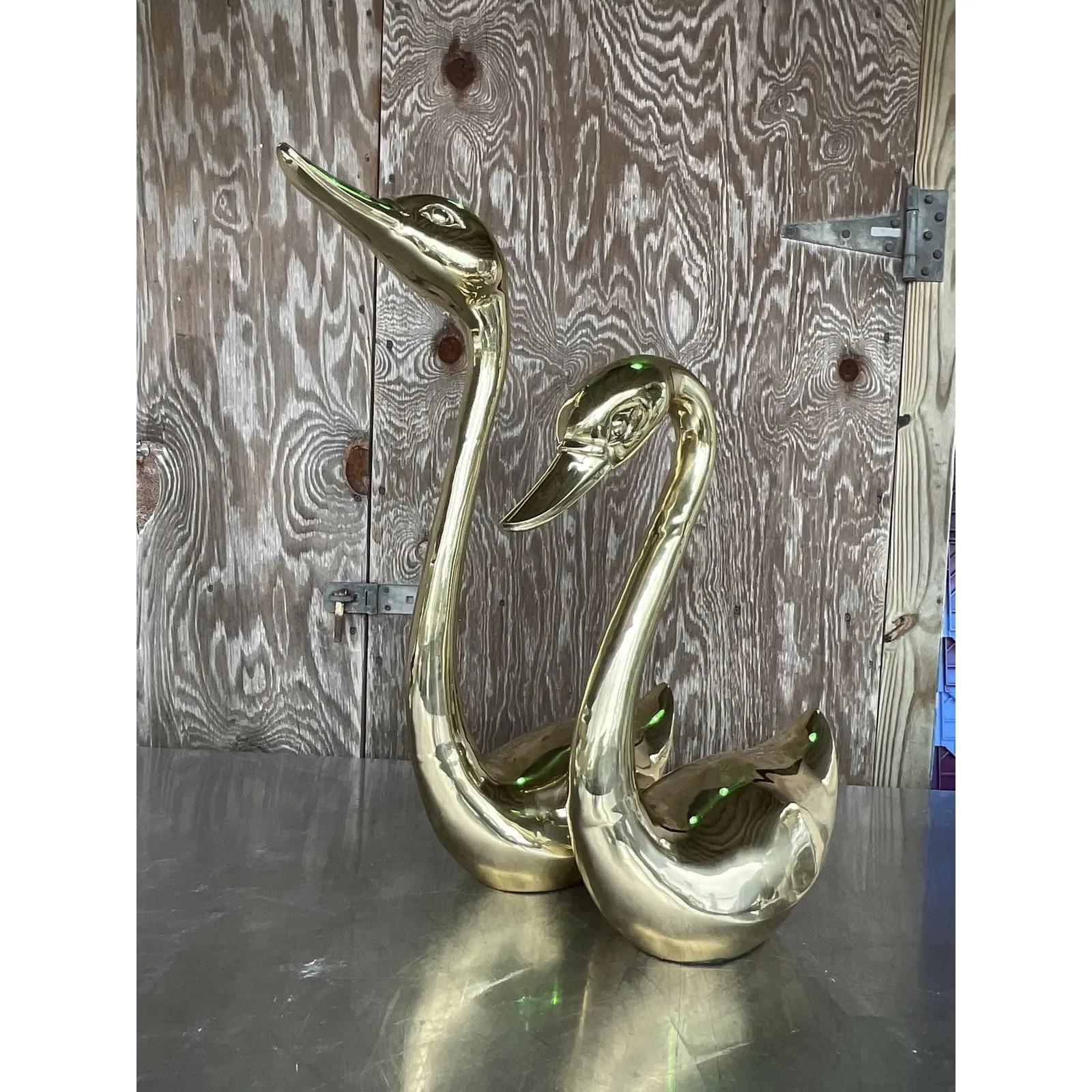 20th Century Vintage Regency Brass Swans, a Pair
