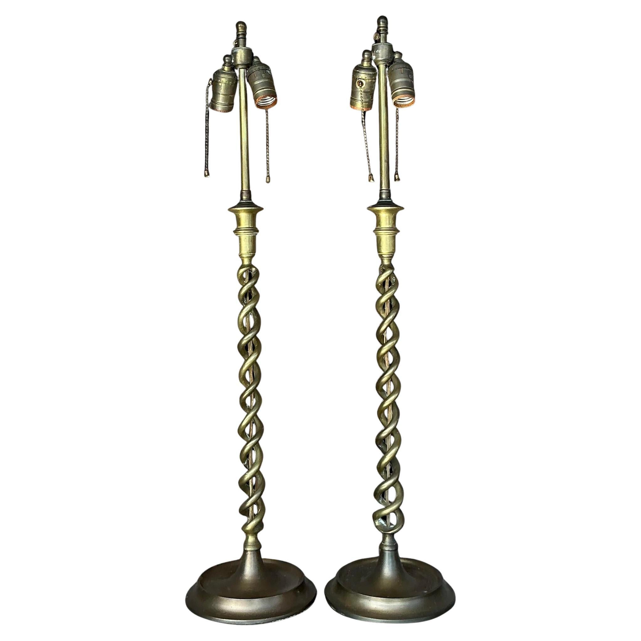 Vintage Regency Brass Twist Candlestick Lamps - a Pair