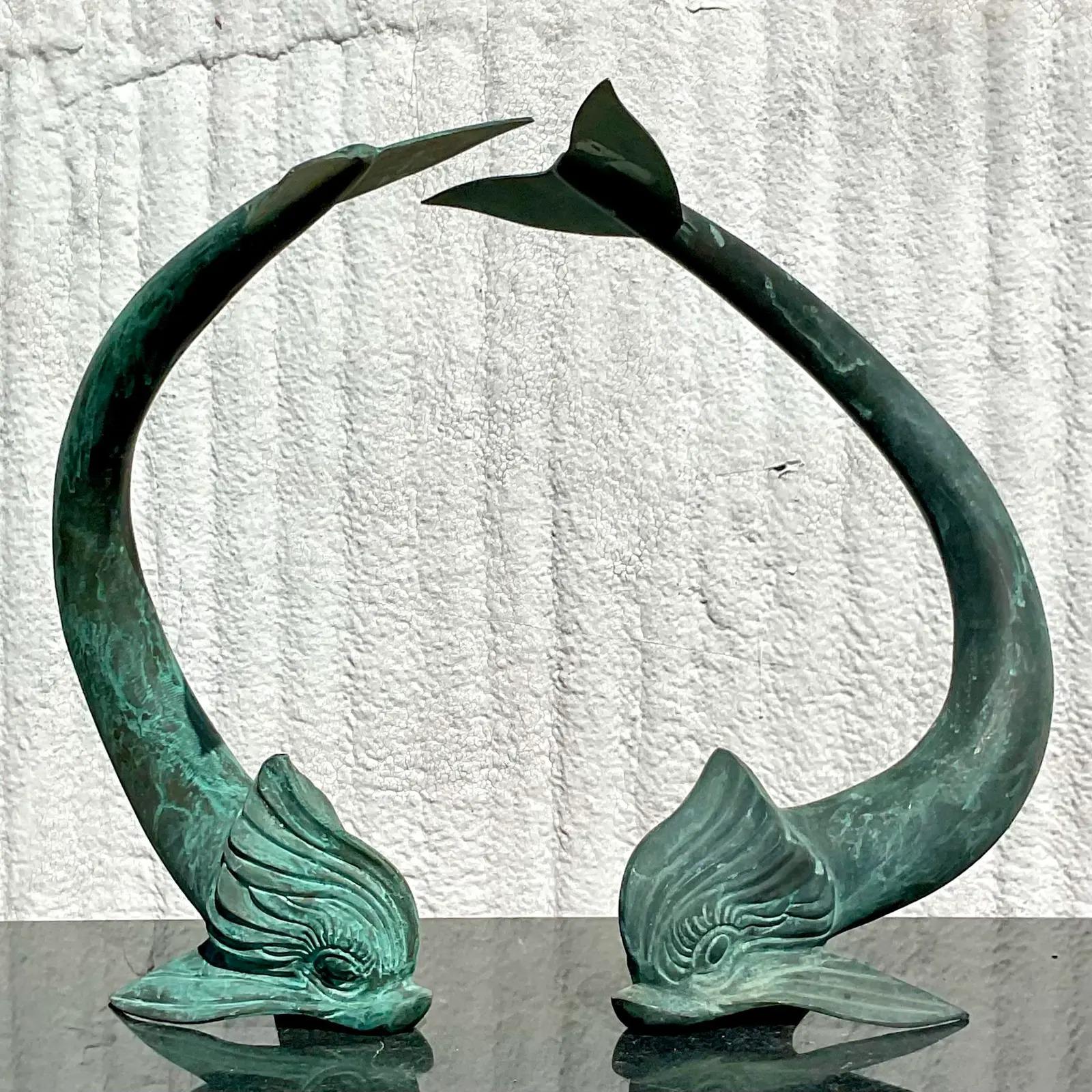 20th Century Vintage Regency Bronze Koi Sculptures - a Pair