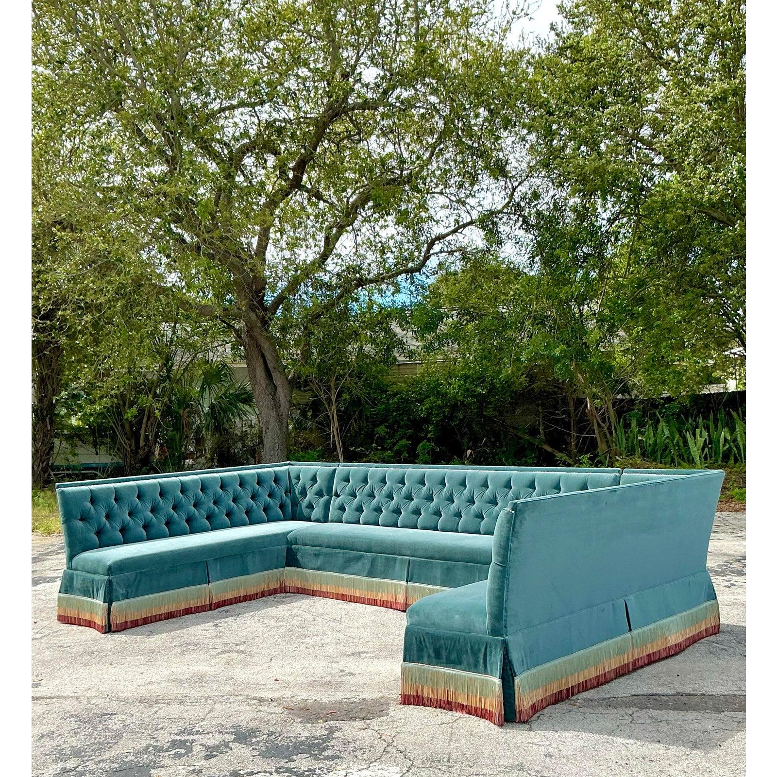 Vintage Regency Bunny Williams Monumental Custom Tufted Banquette Sofa For Sale 2