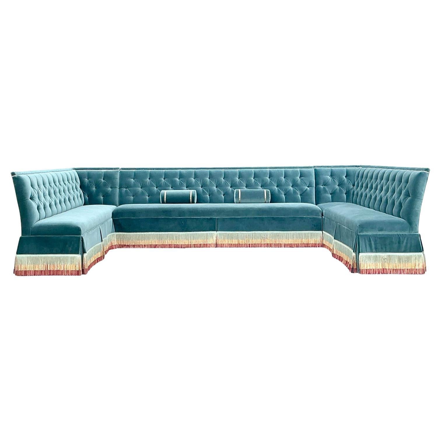 Vintage Regency Bunny Williams Monumental Custom Tufted Banquette Sofa For Sale