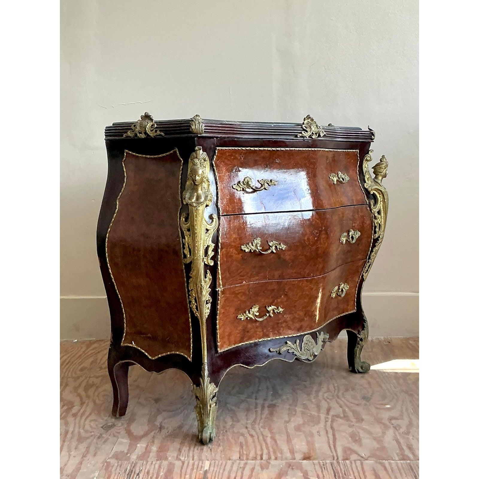 French Vintage Regency Burl and Ormolu Chest of Drawers For Sale