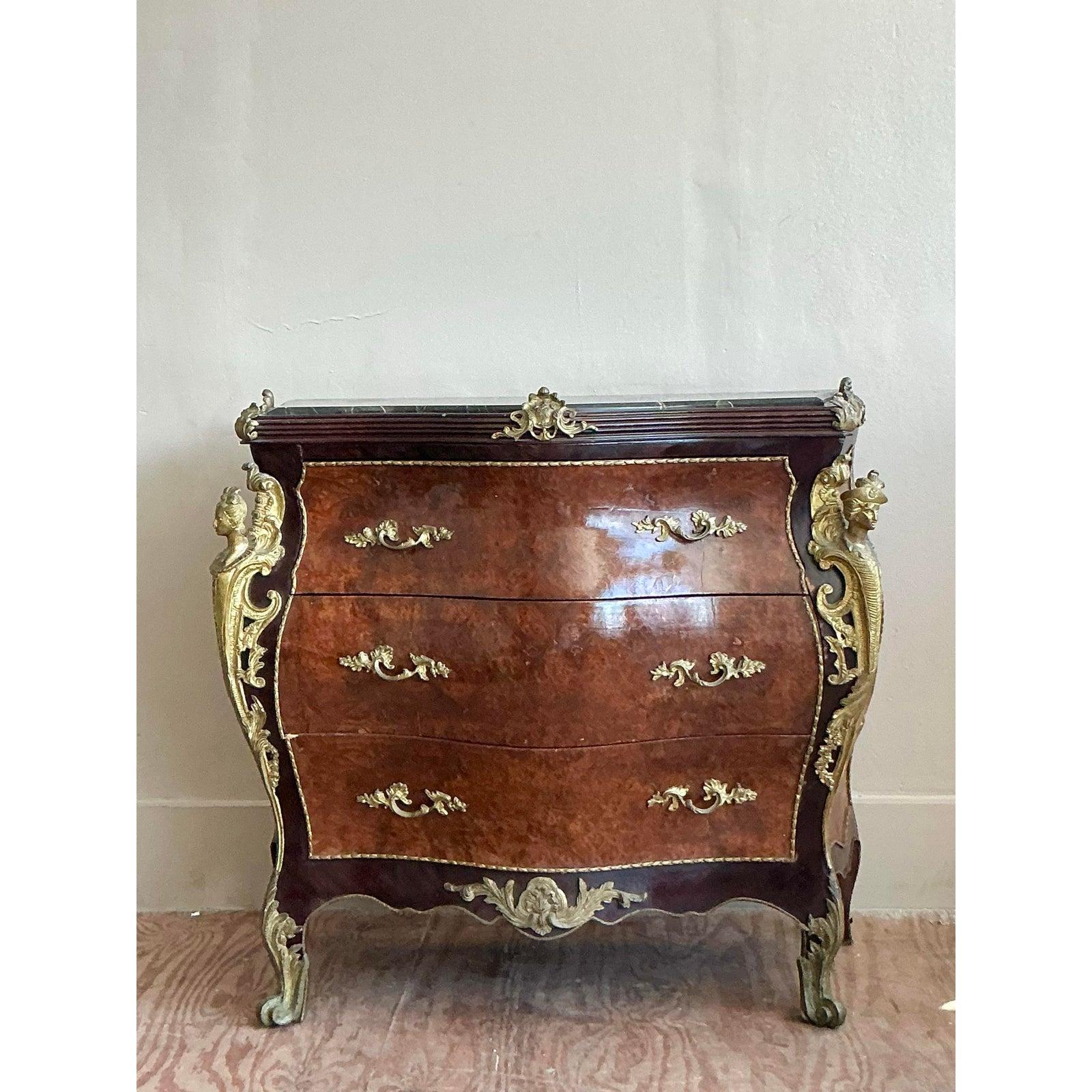 Brass Vintage Regency Burl and Ormolu Chest of Drawers For Sale
