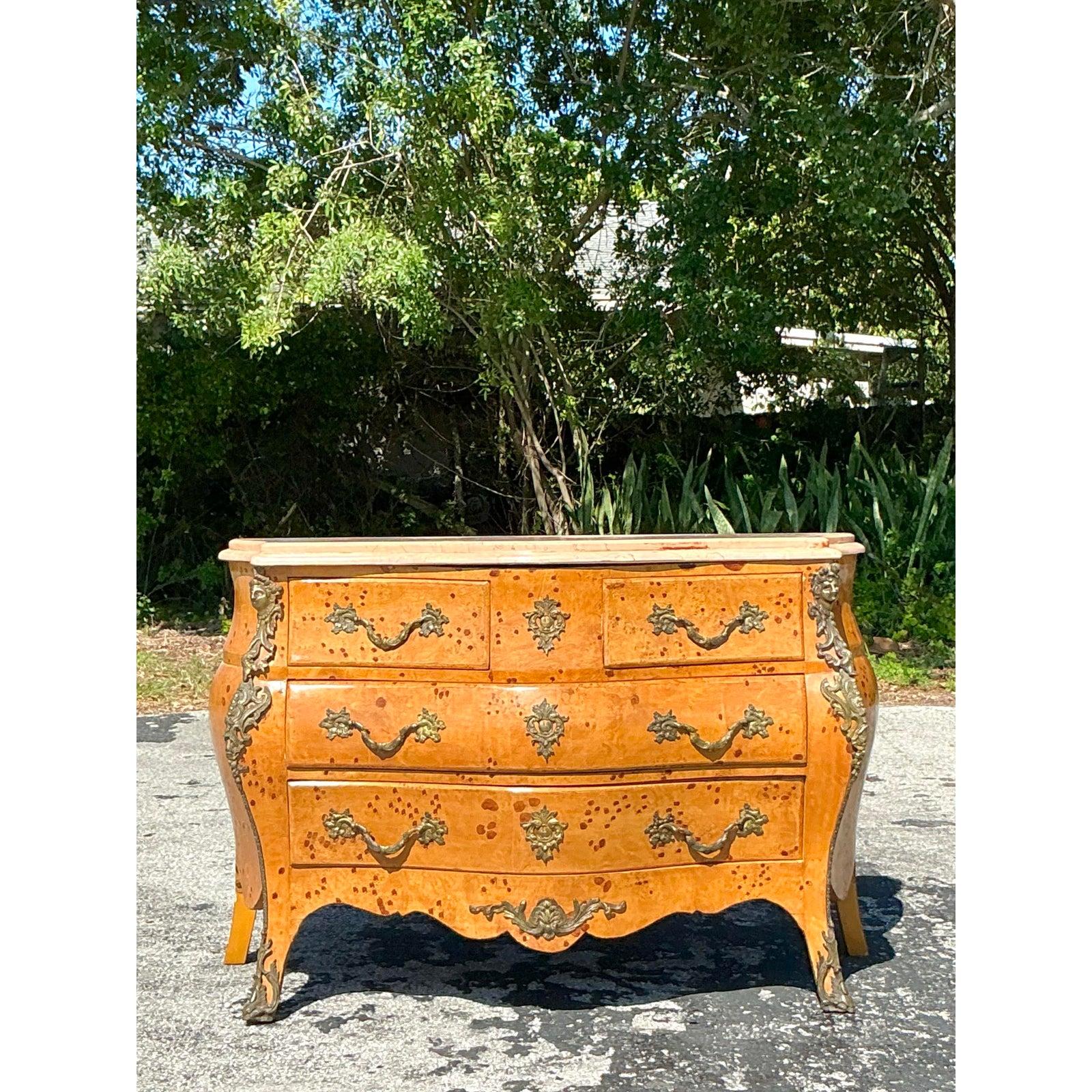 Brass Vintage Regency Burl and Ormolu Commode For Sale