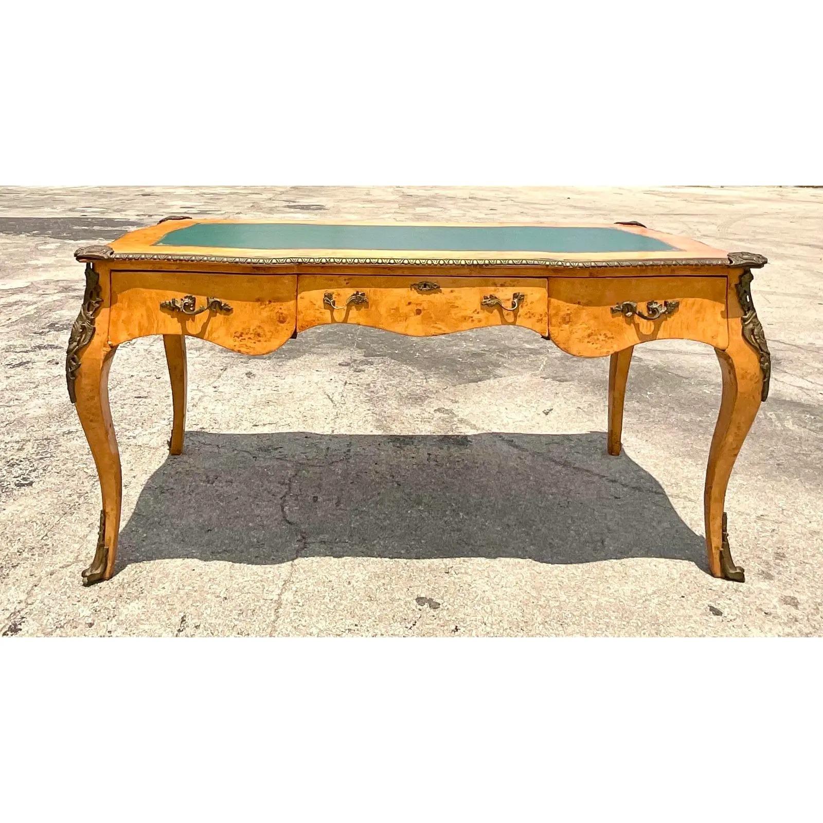 Vintage Regency Burl Wood and Brass Ormolu Writing Desk 6