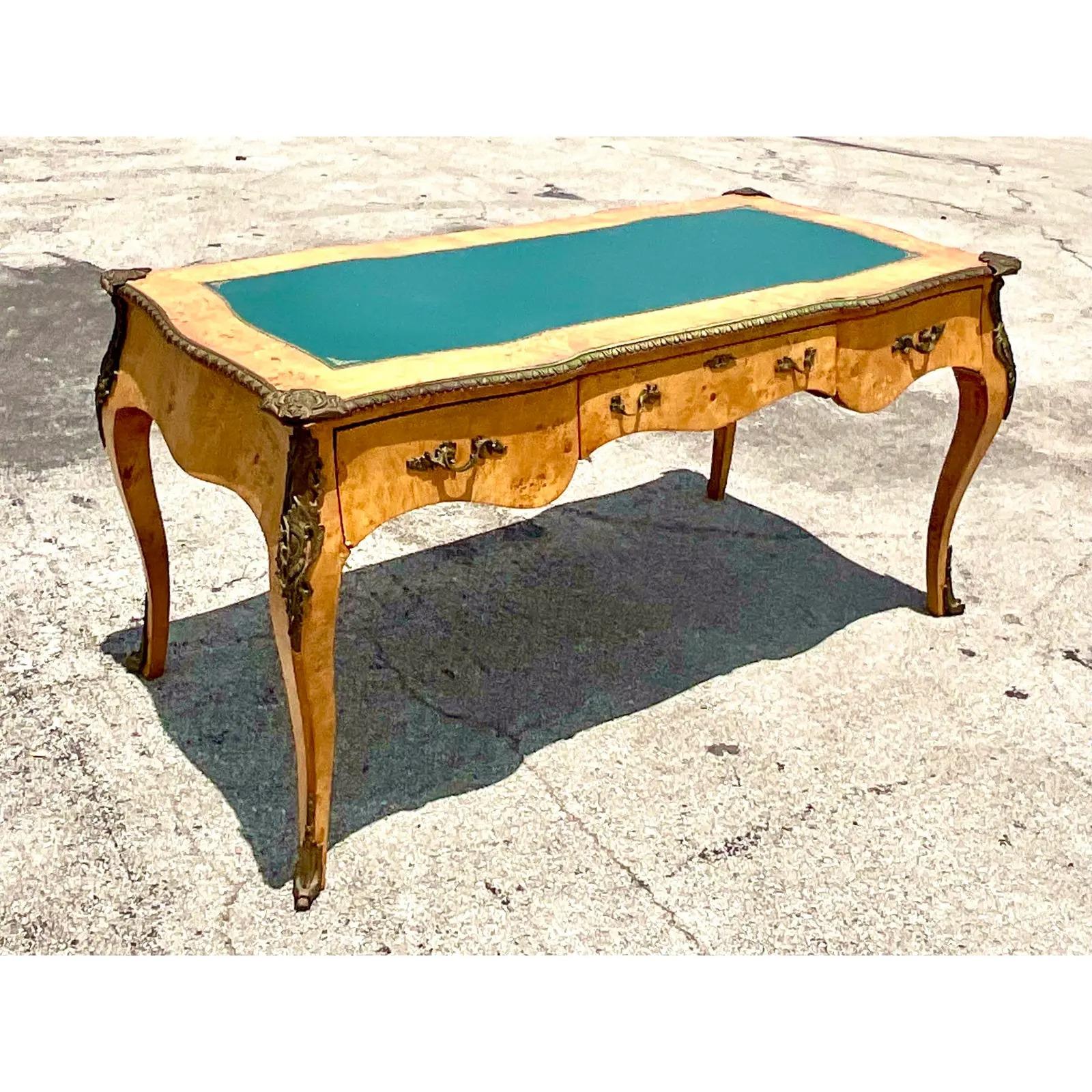 Vintage Regency Burl Wood and Brass Ormolu Writing Desk 8