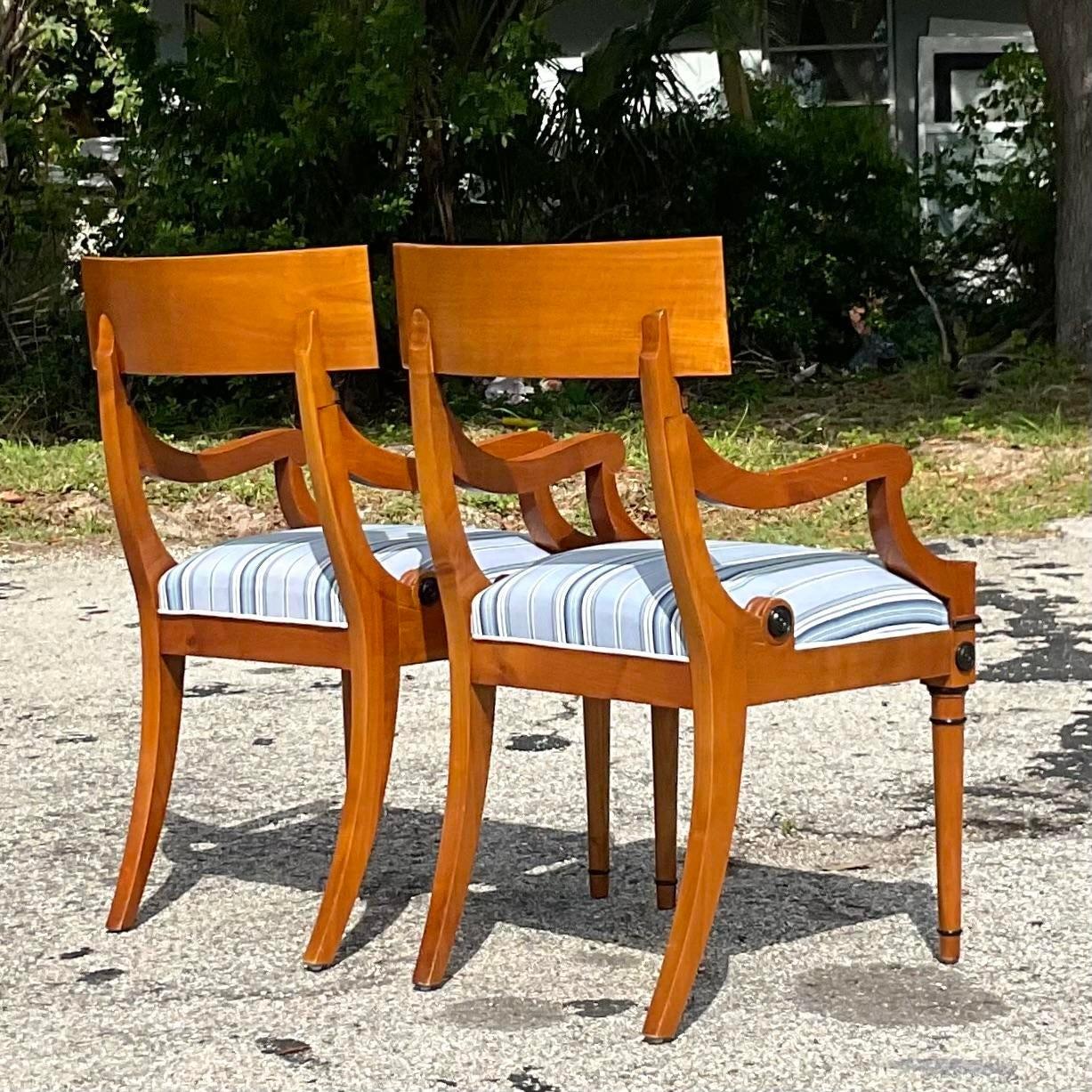 American Vintage Regency Burl Wood Biedermeier Style Klismos Chairs, a Pair
