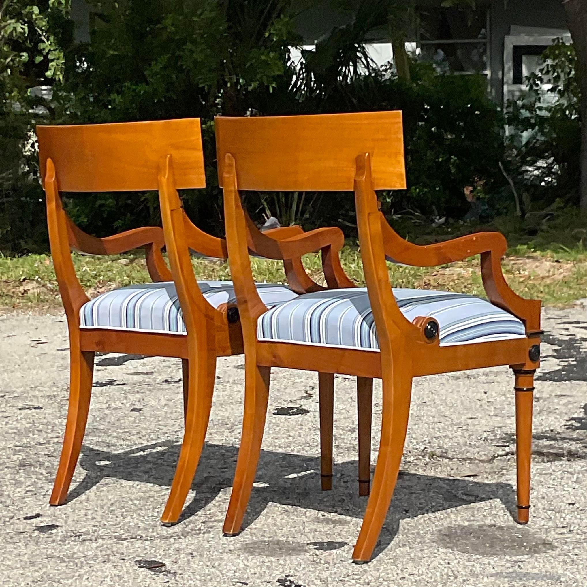 20th Century Vintage Regency Burl Wood Biedermeier Style Klismos Chairs, a Pair