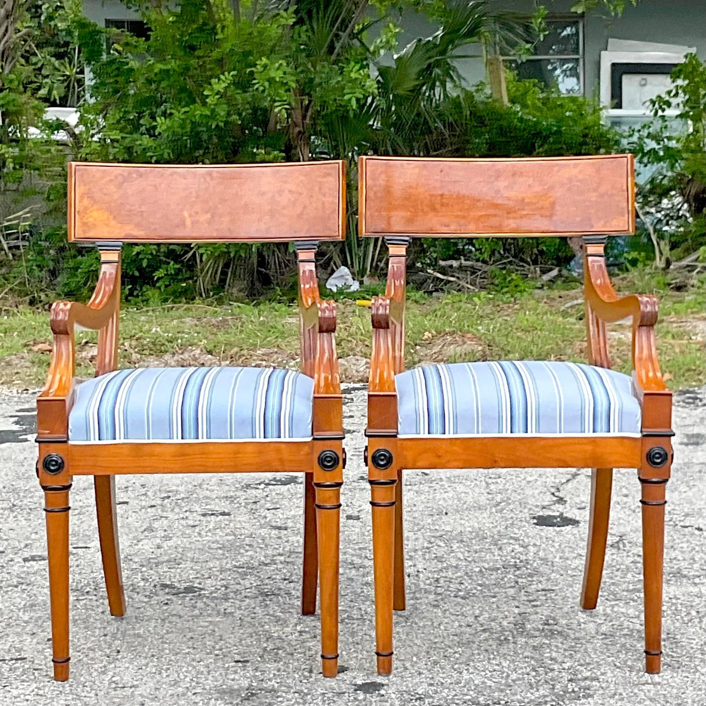 Upholstery Vintage Regency Burl Wood Biedermeier Style Klismos Chairs, a Pair