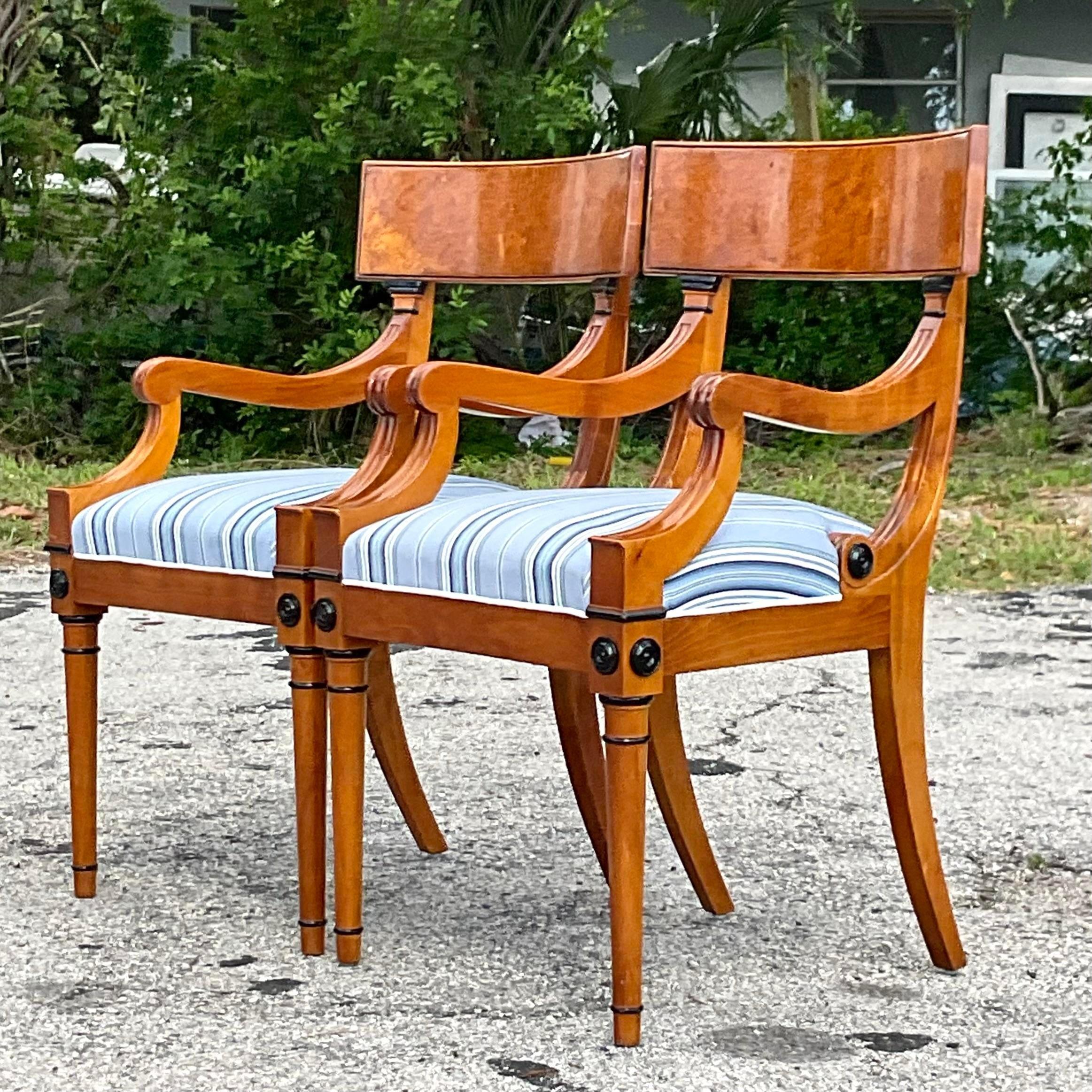 Vintage Regency Burl Wood Biedermeier Style Klismos Chairs, a Pair 1