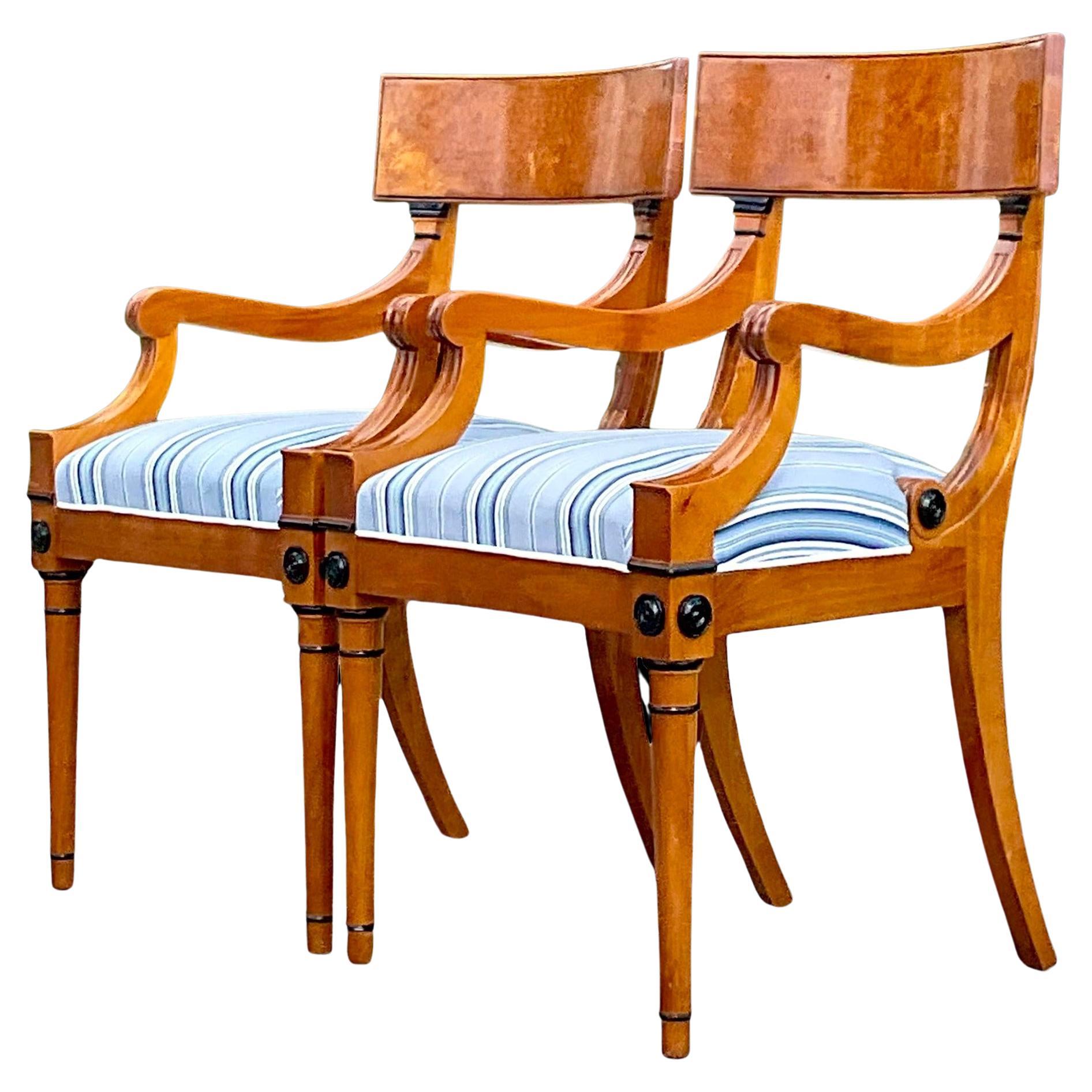 Vintage Regency Burl Wood Biedermeier Style Klismos Chairs, a Pair