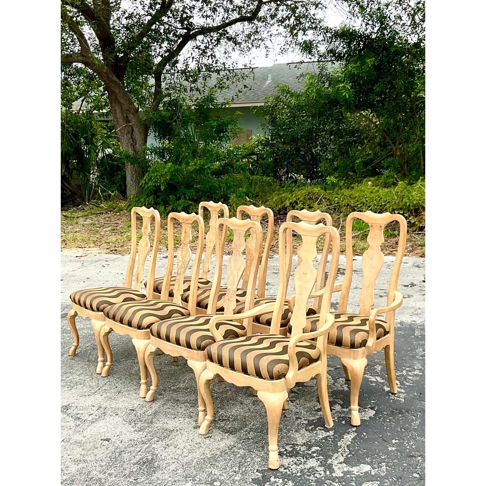 20th Century Vintage Regency Burl Wood Dining Chairs - Set of 8 For Sale