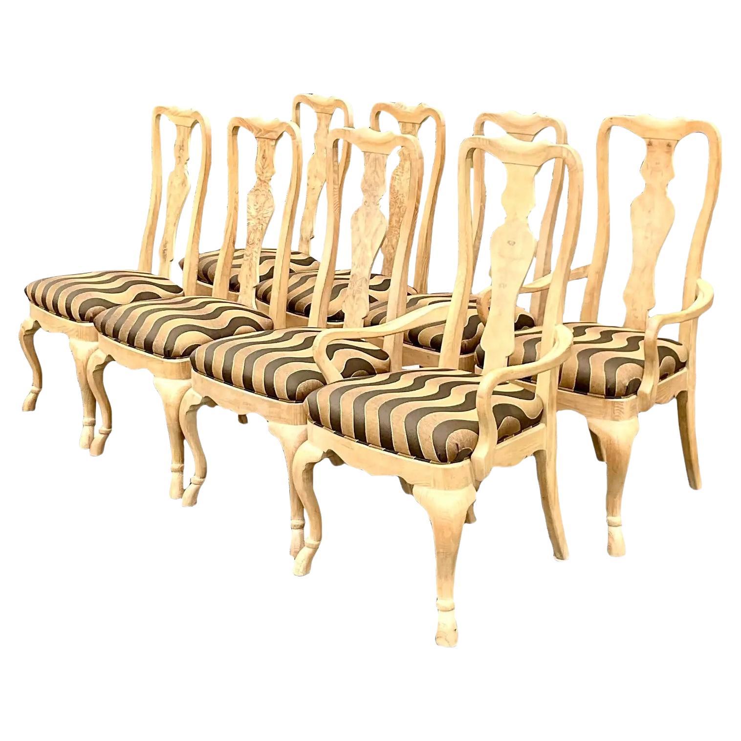 Vintage Regency Burl Wood Dining Chairs - Set of 8 For Sale