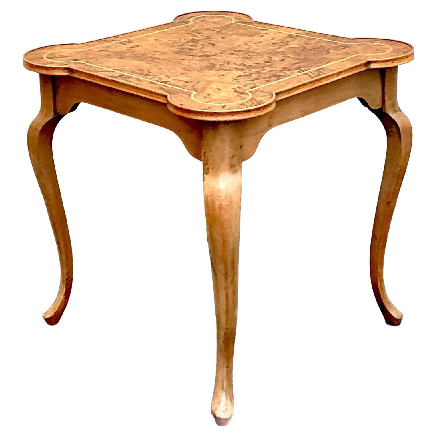 Vintage Regency Burl Wood Marquetry Clover Leaf Game Table