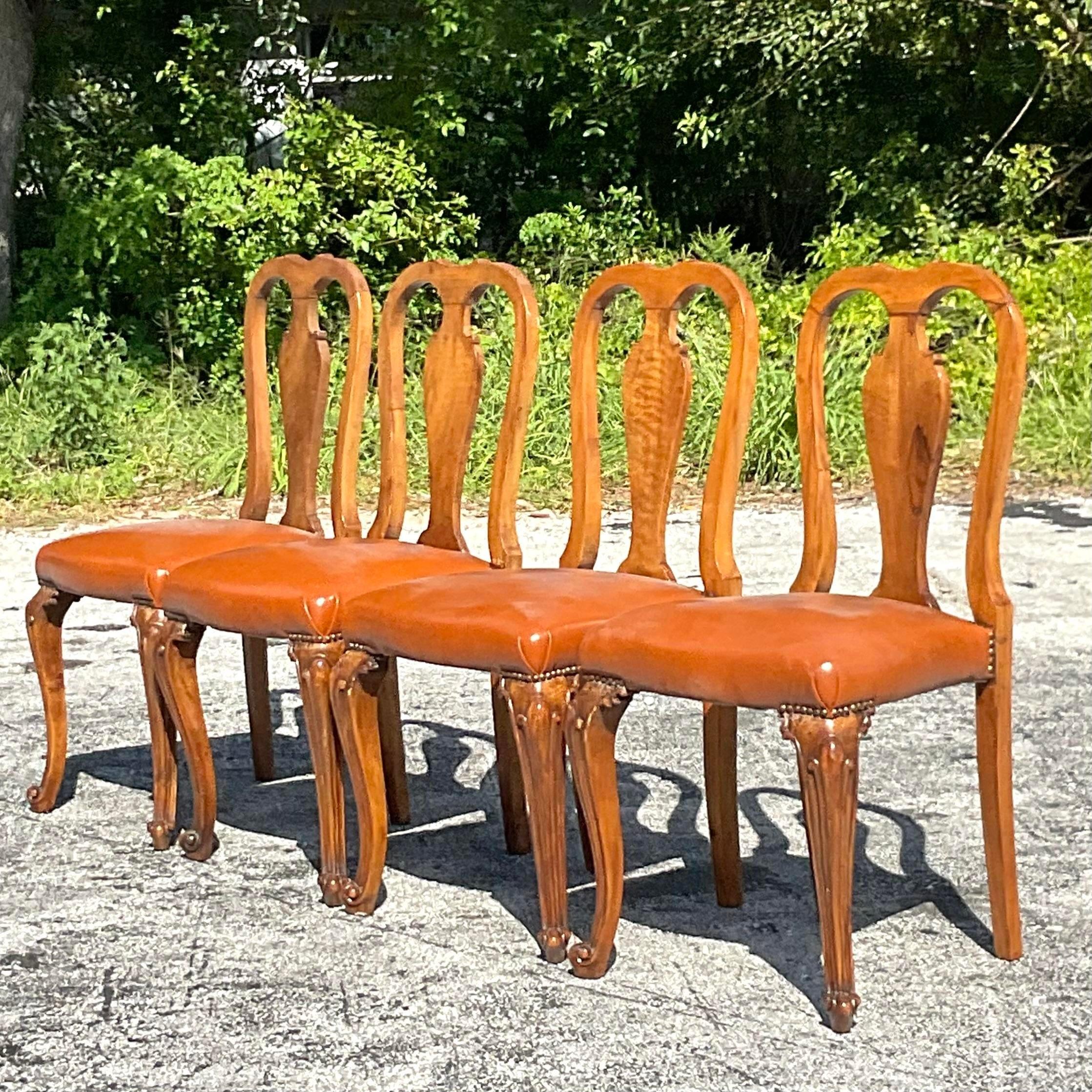 American Vintage Regency Burl Wood Queen Anne Dining Chairs, Set of 4