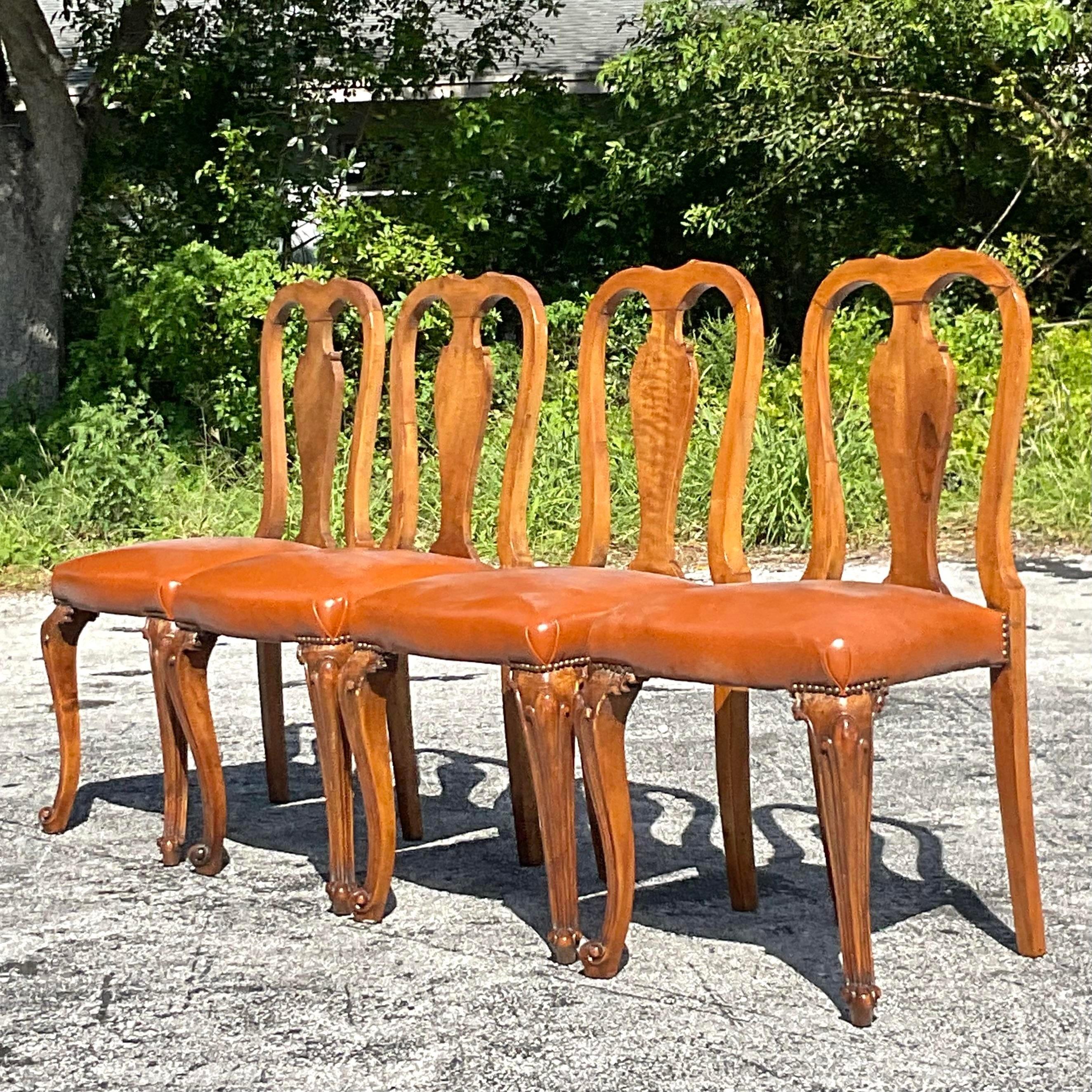 Vintage Regency Burl Wood Queen Anne Dining Chairs, Set of 4 In Good Condition In west palm beach, FL