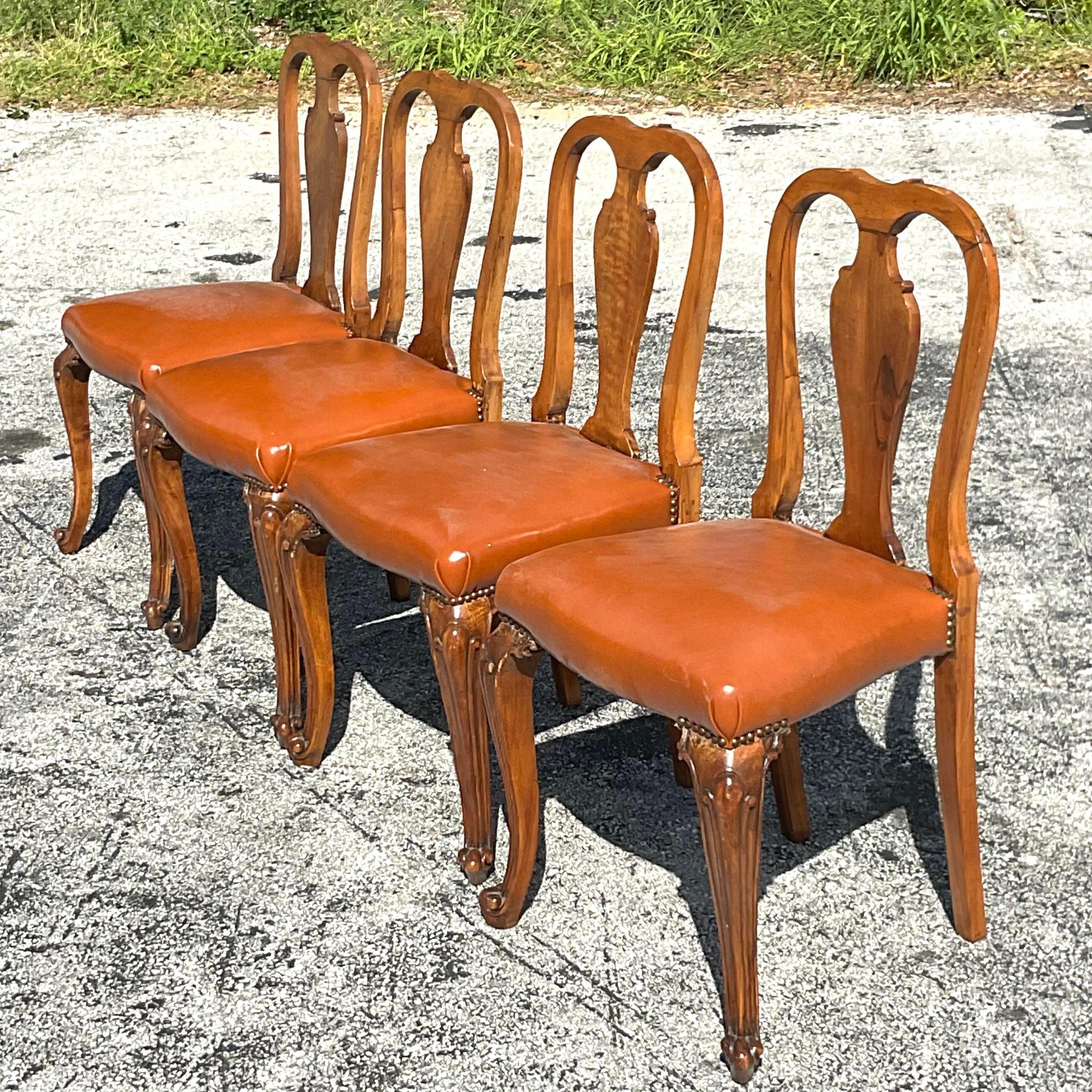 20th Century Vintage Regency Burl Wood Queen Anne Dining Chairs, Set of 4