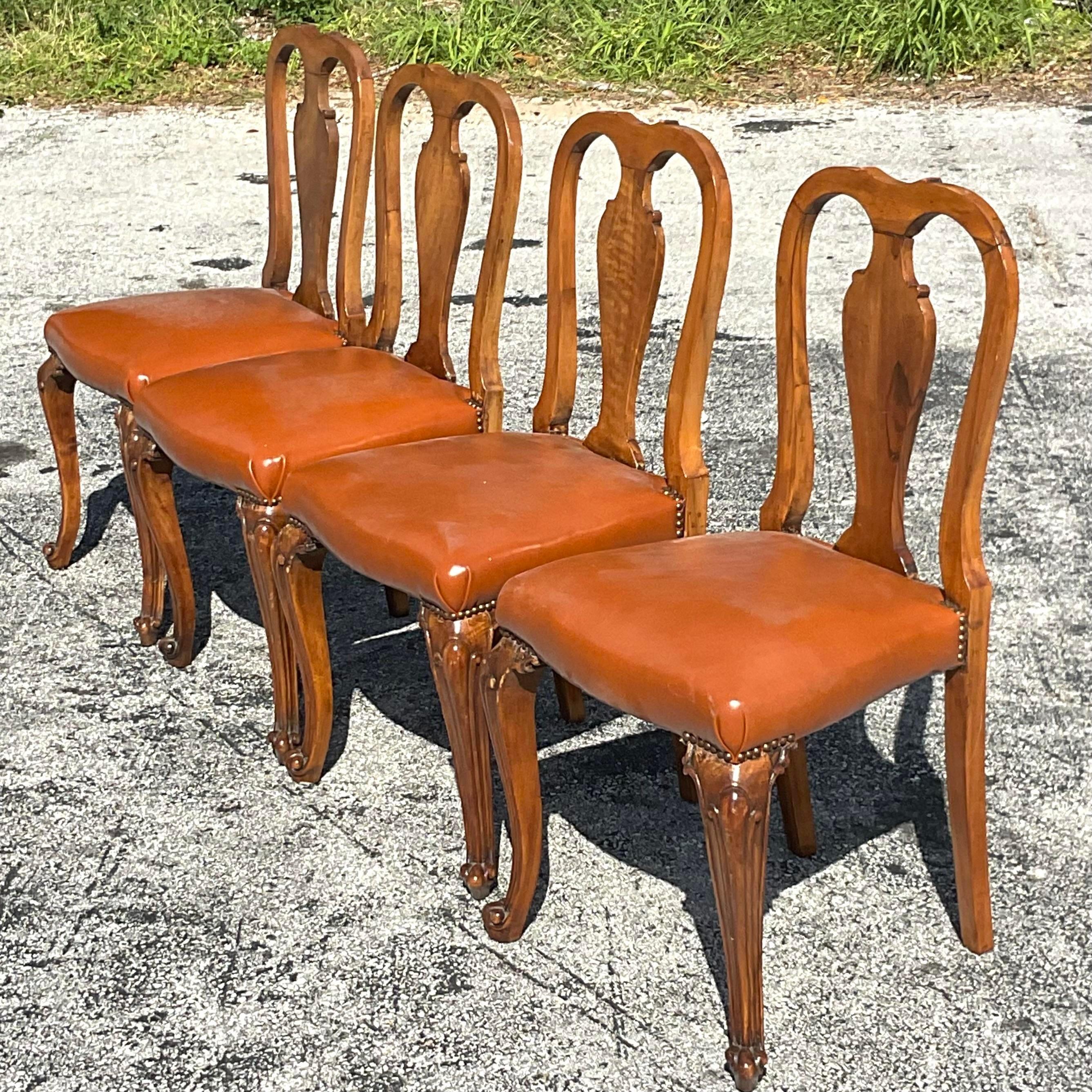 Vintage Regency Burl Wood Queen Anne Dining Chairs, Set of 4 1