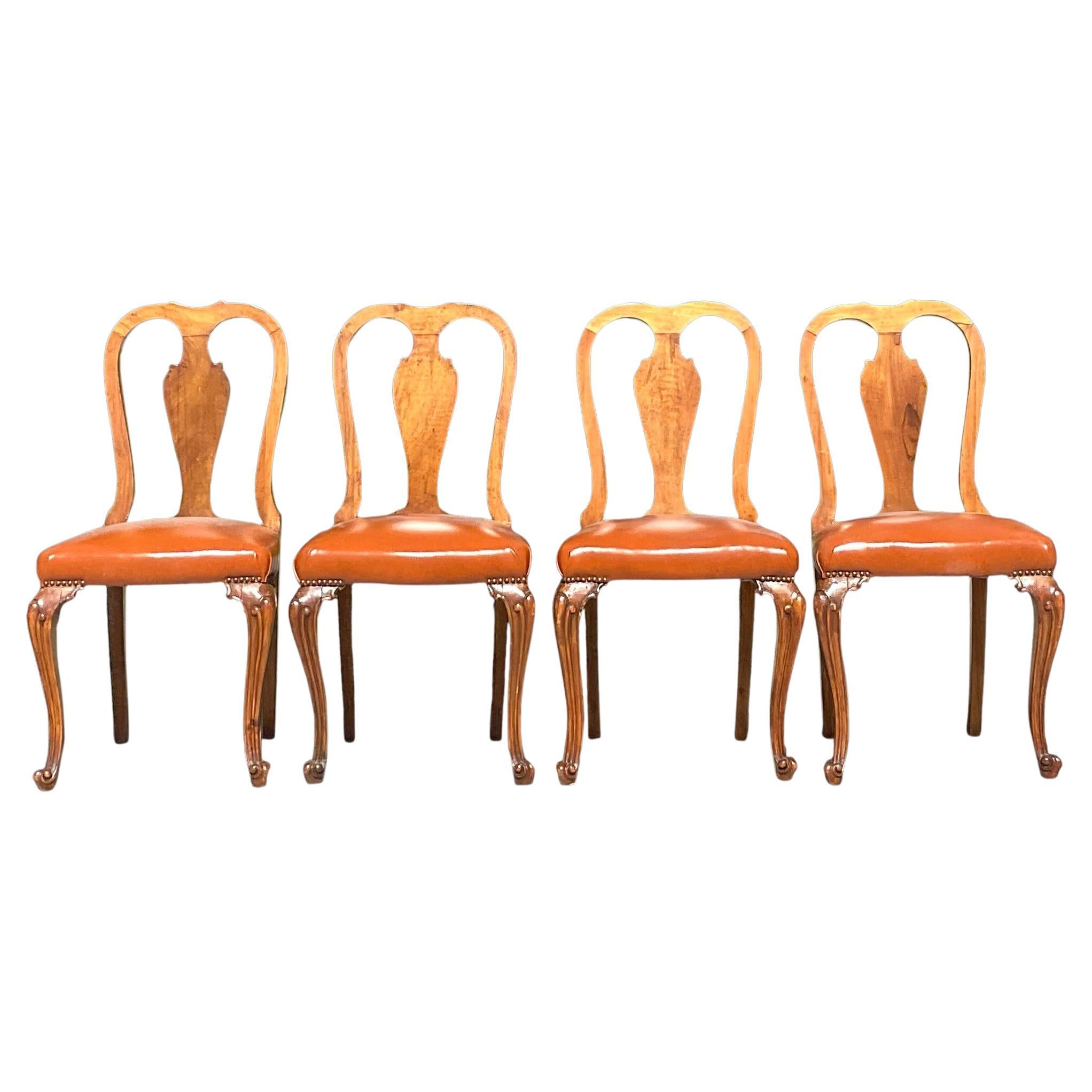 Vintage Regency Burl Wood Queen Anne Dining Chairs, Set of 4