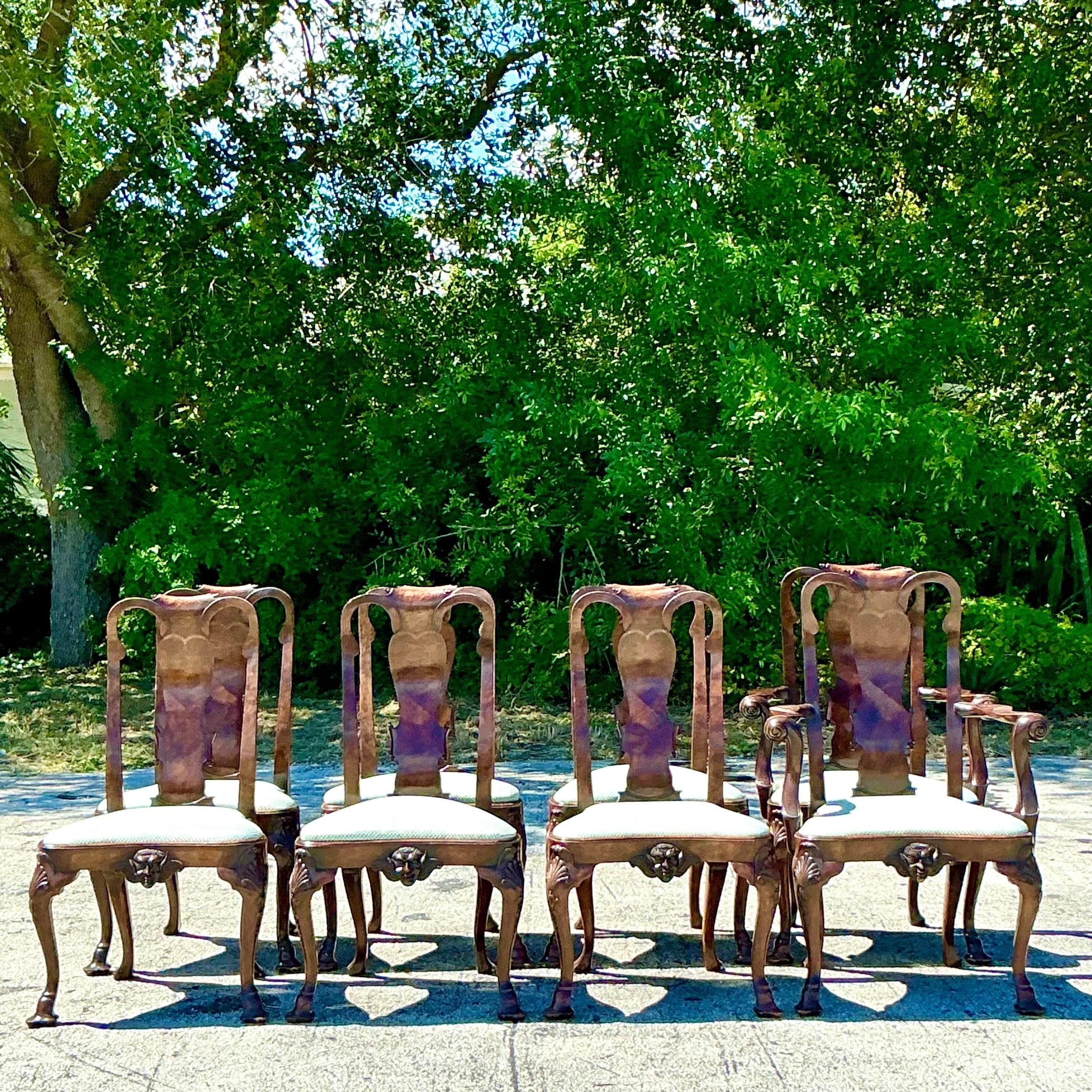 Sedie da pranzo Queen Anne in legno di radica d'epoca - Set di 8 pezzi in vendita 4
