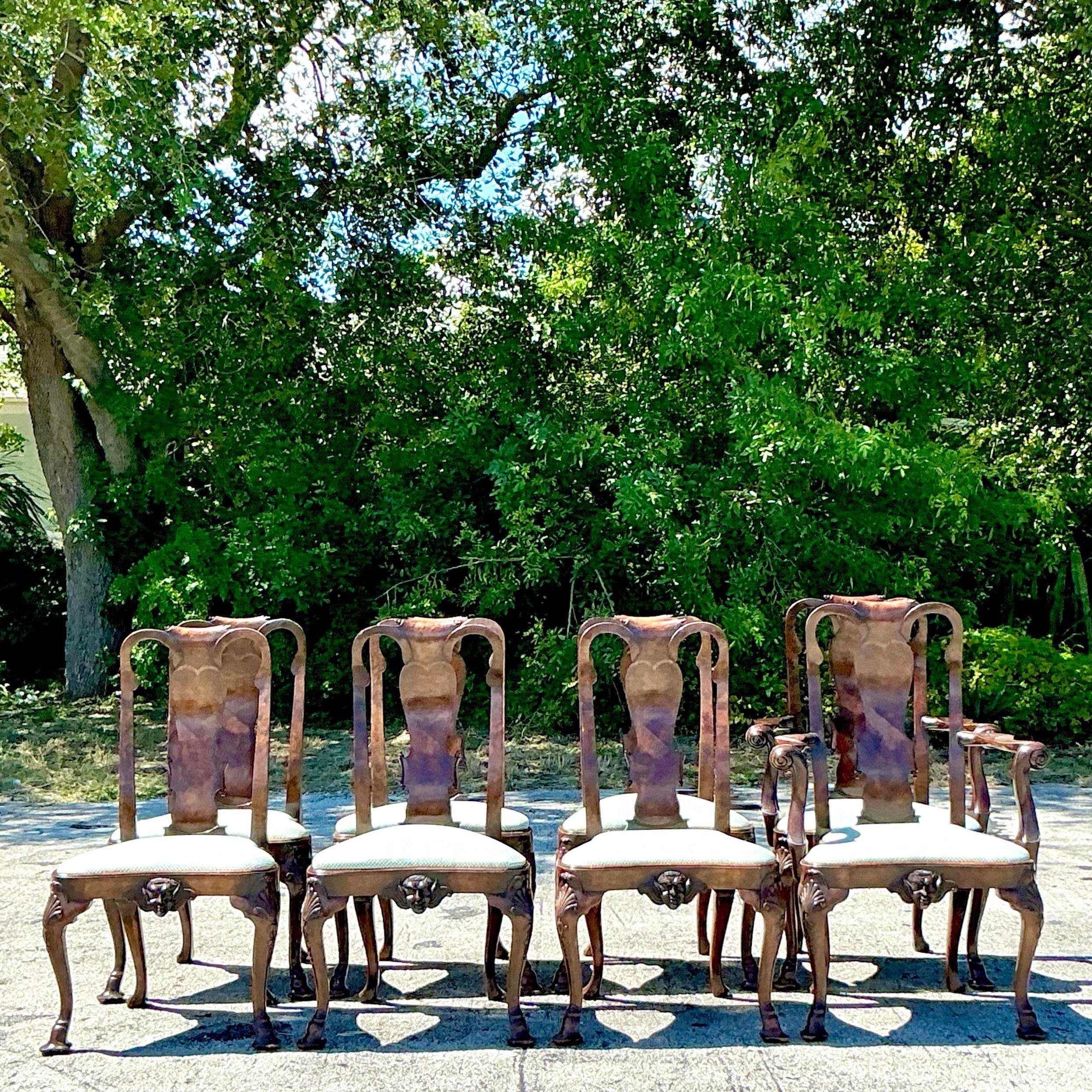 Americano Sedie da pranzo Queen Anne in legno di radica d'epoca - Set di 8 pezzi in vendita