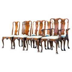 Vintage Regency Burl Wood Queen Anne Dining Chairs - Set of 8