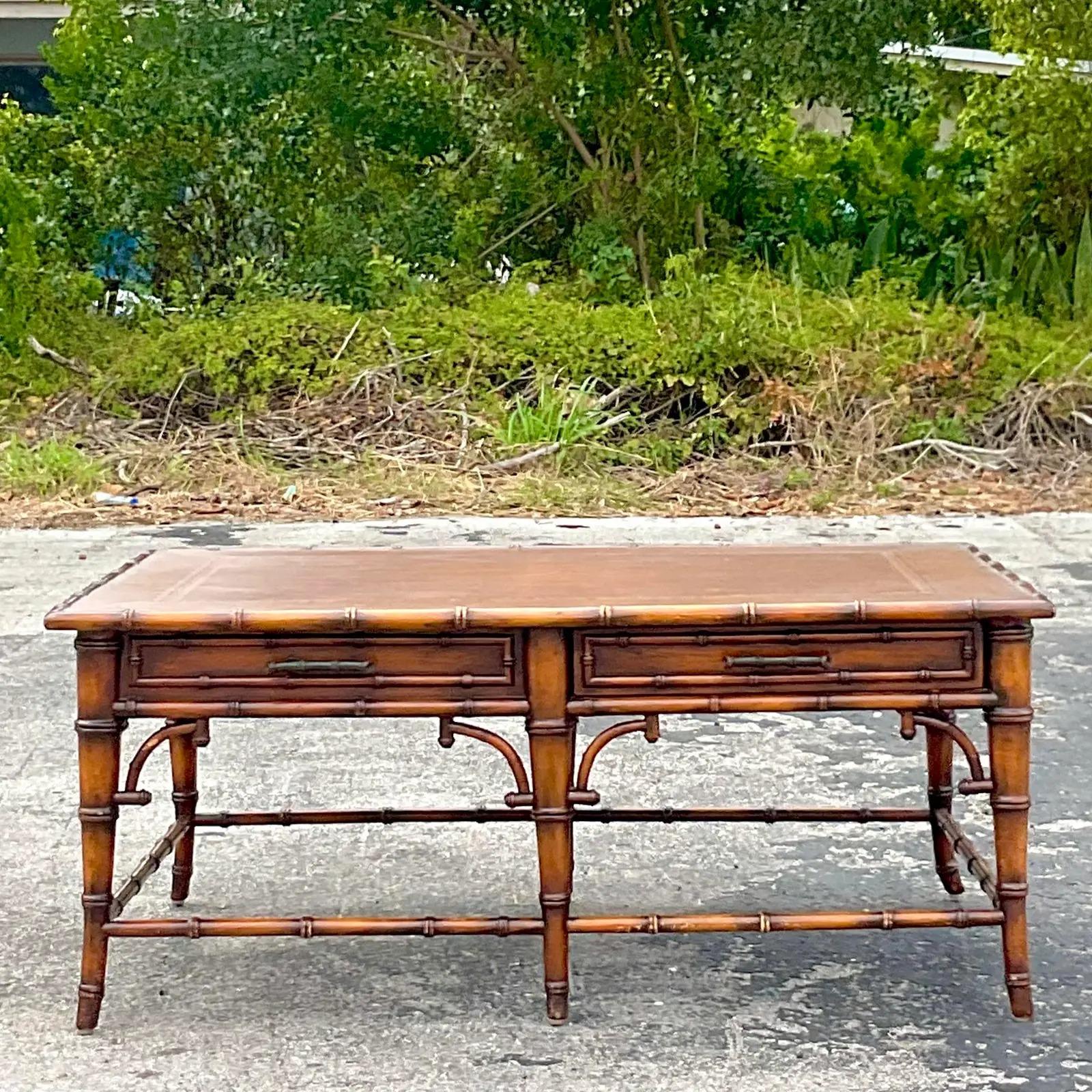 Vintage Regency Burnt Bamboo Coffee Table For Sale 2