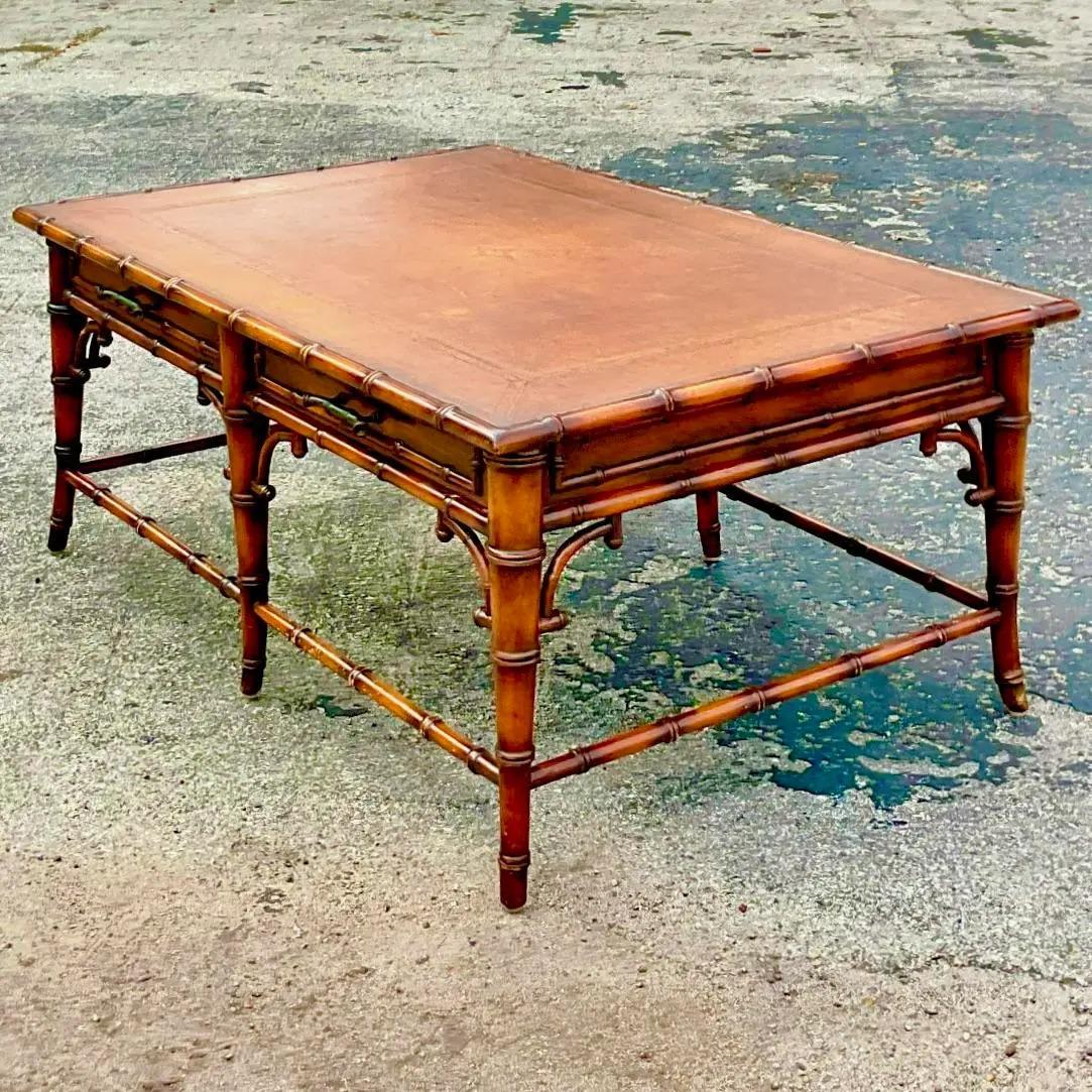 North American Vintage Regency Burnt Bamboo Coffee Table For Sale